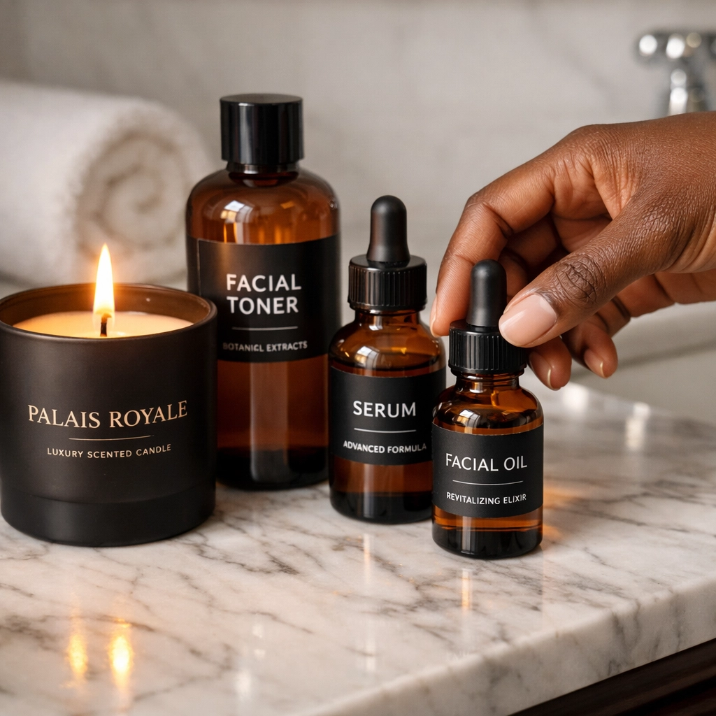 Premium beauty products and a Palais Royale candle on marble, focusing on luxury Black-owned self-care.