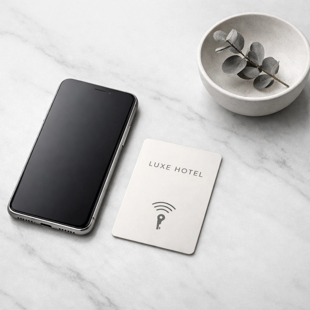 Minimalist hotel reception with smartphone and key card, illustrating seamless hotel PMS and CRM integration.