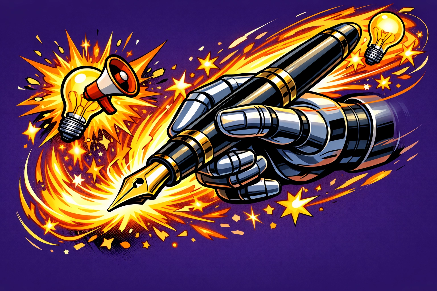 A robotic hand using an AI content generator to create creative marketing ideas and blog posts.