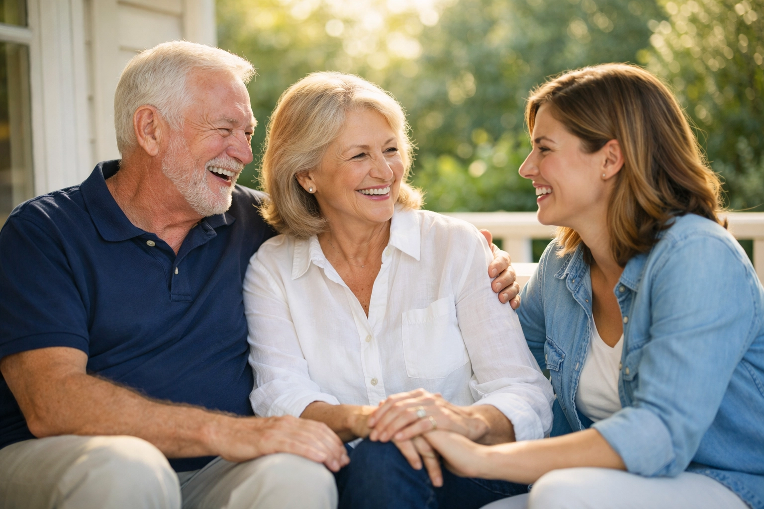Senior couple and daughter sharing a moment, highlighting family security through life insurance options in California.