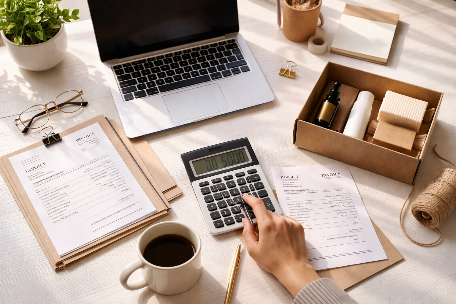 Overhead view of a UK small business owner's workspace with invoices, calculator, and product samples