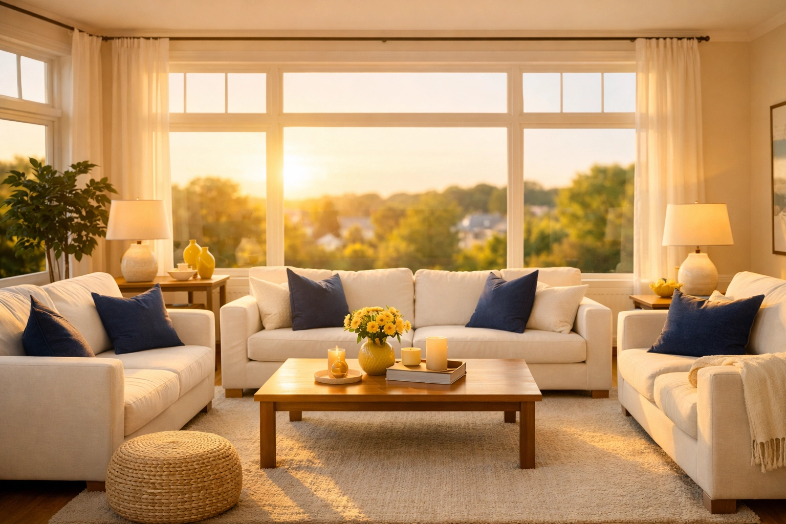 A serene, spotless living room in Massachusetts showing the results of professional house cleaning services MA.