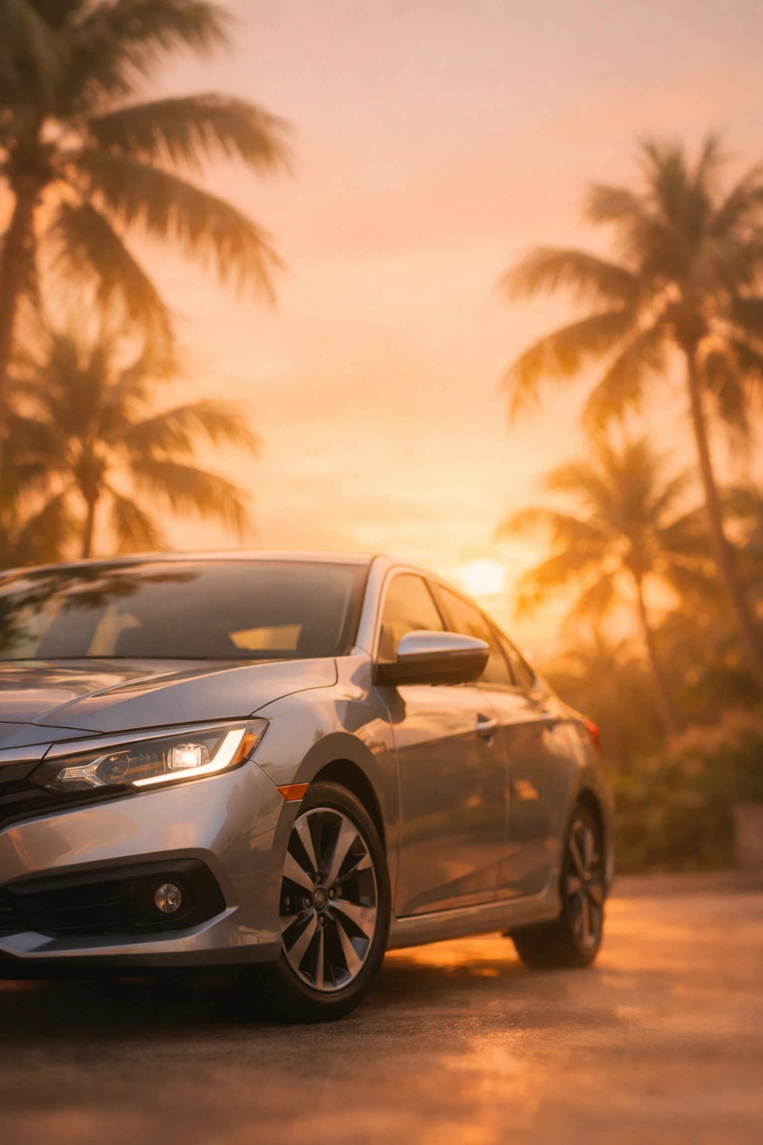 Rental car ready for vacation under palm trees at tropical destination
