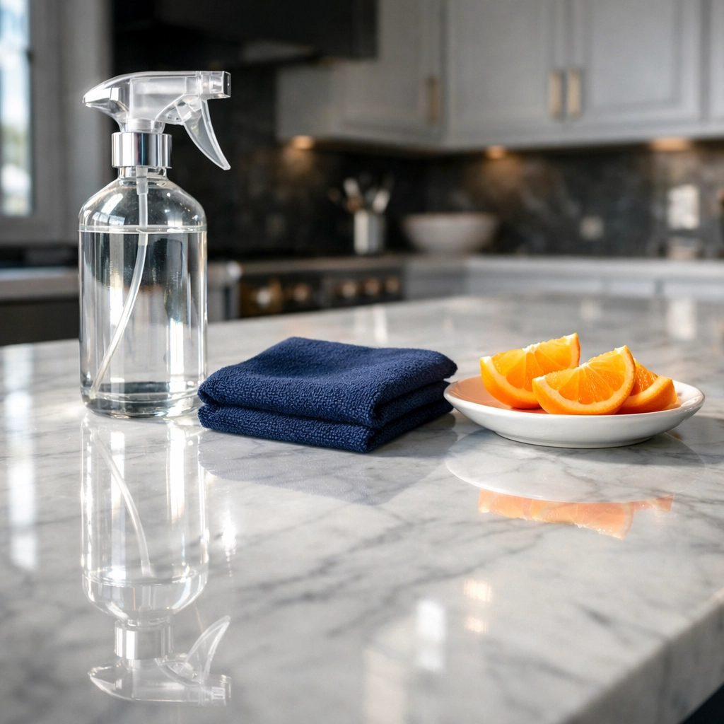 Natural stone cleaning spray and microfiber cloth on a polished marble island.