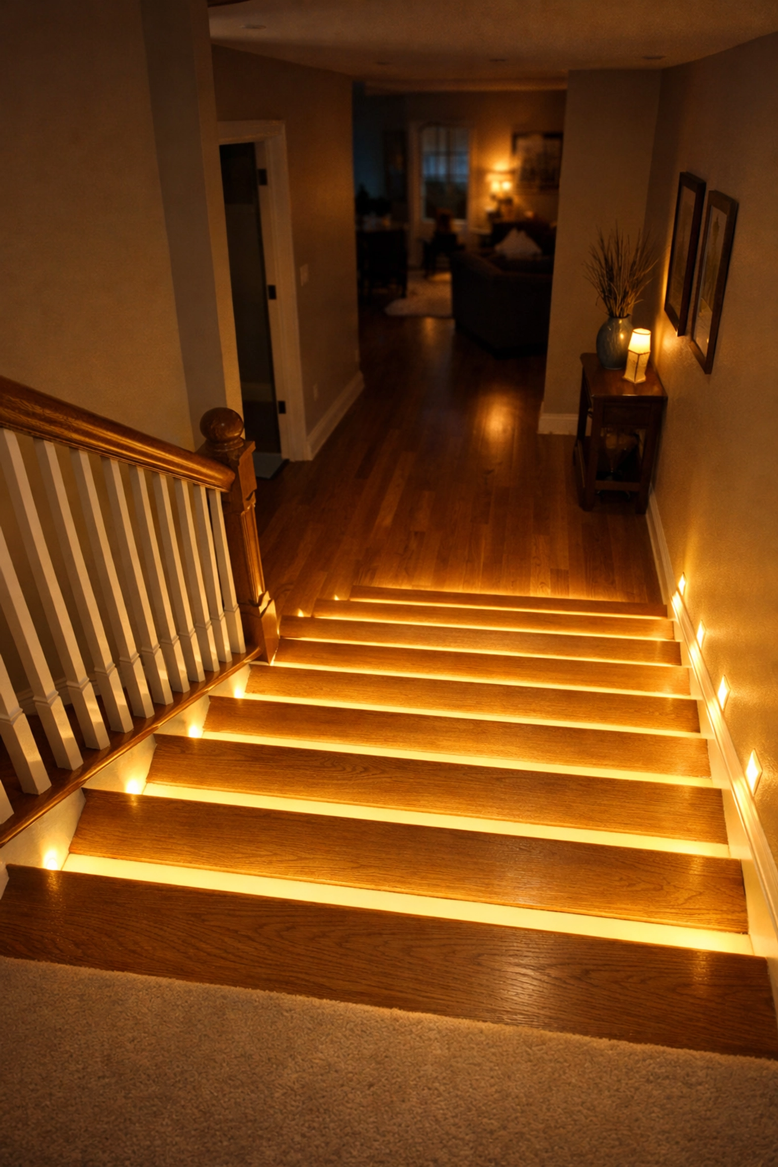 Motion-sensor LED baseboard lights illuminating stair steps for clear nighttime visibility.