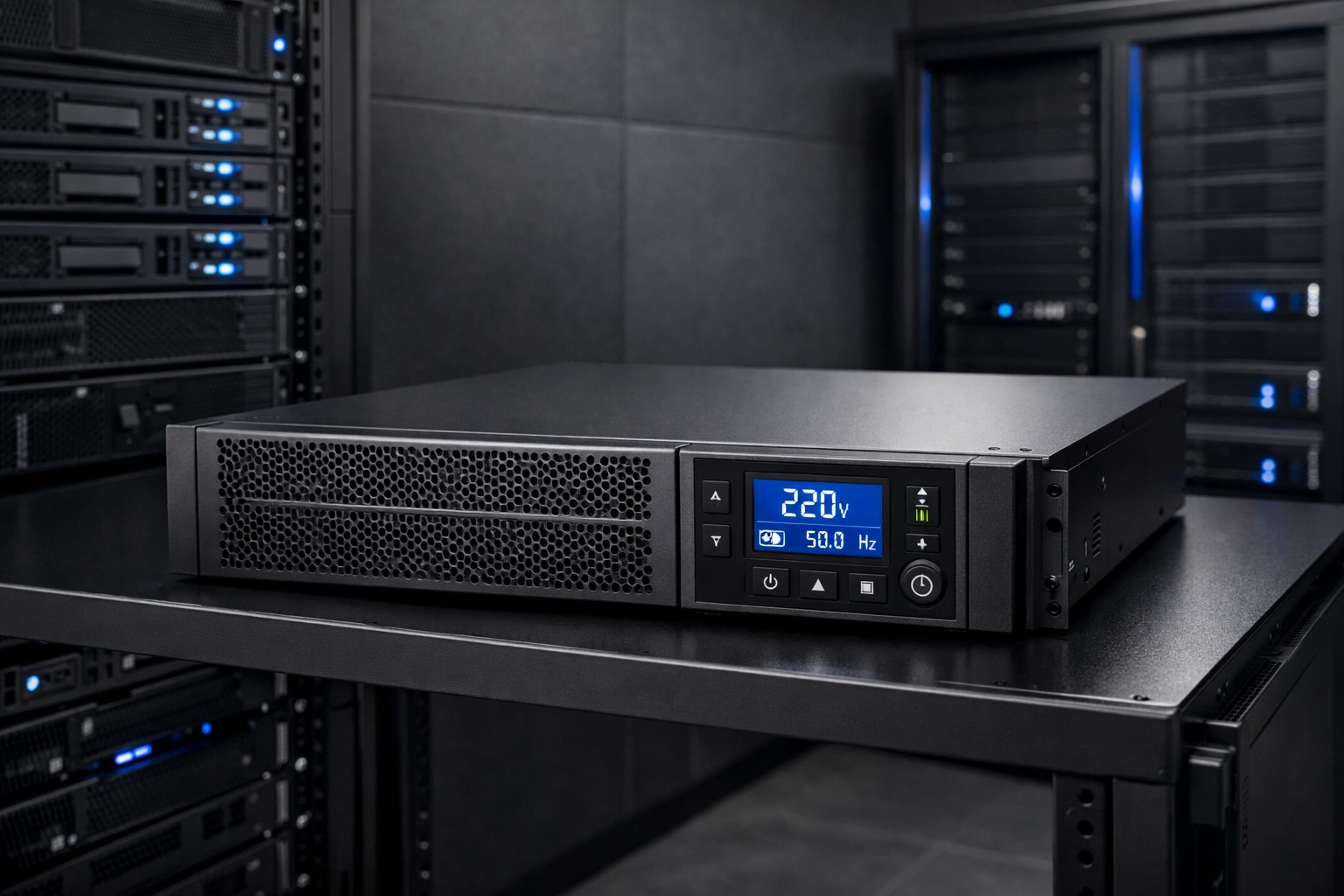 Modern UPS unit in a climate-controlled data center ensuring reliable power protection and thermal management.