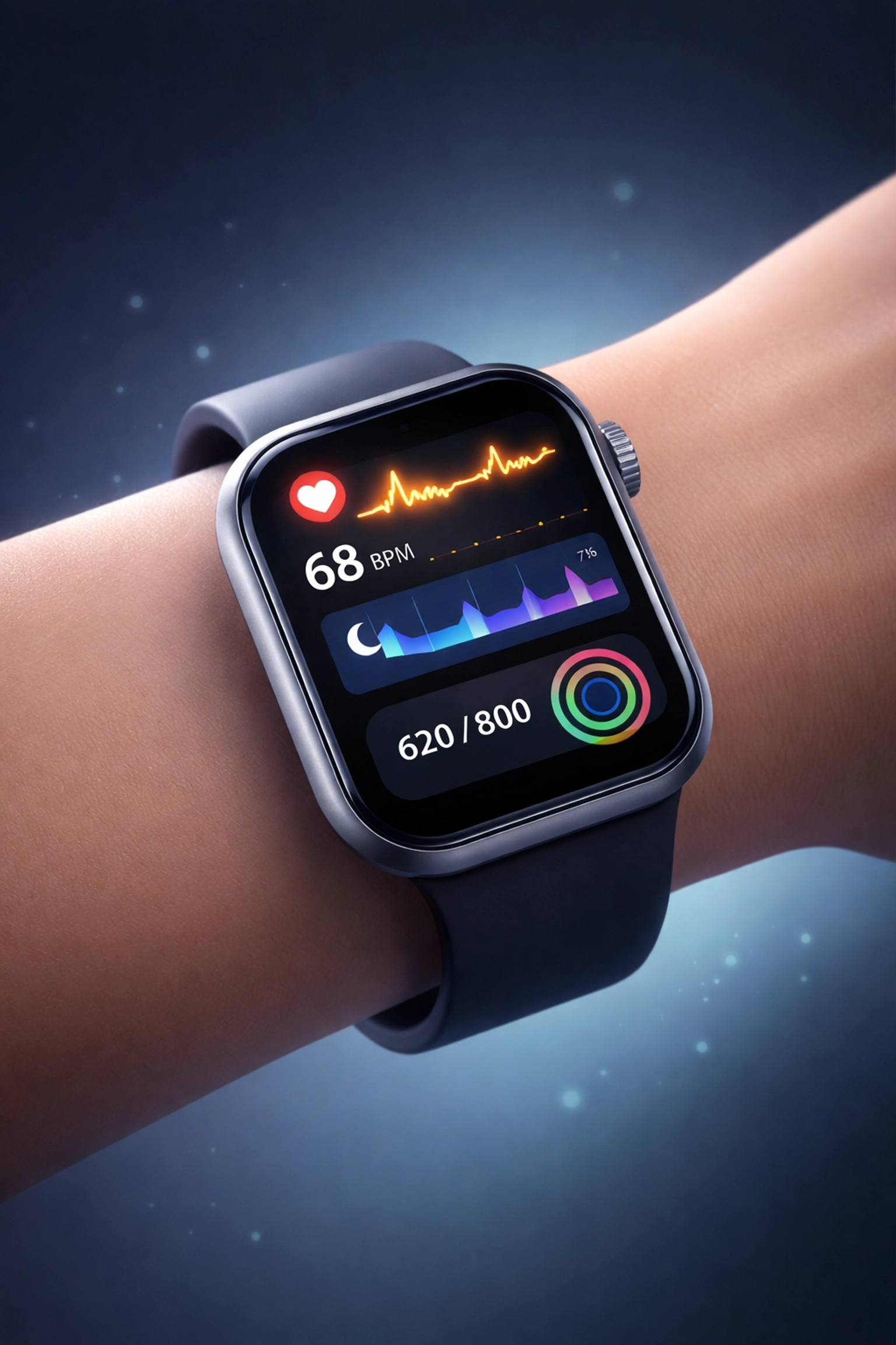 Smartwatch on a wrist displaying health data like heart rate, sleep, and activity, illustrating wearable mental health monitoring.