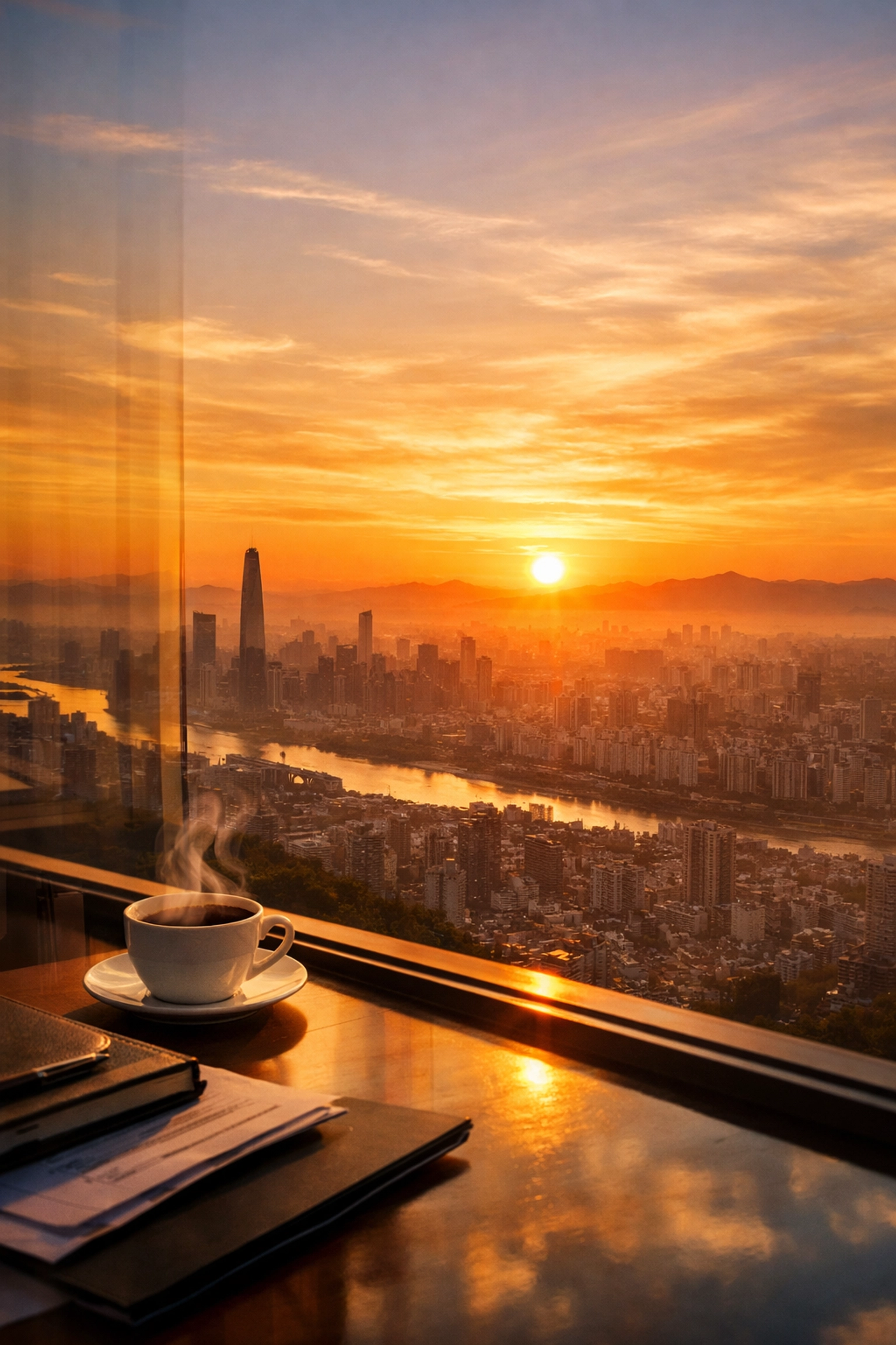 Golden sunrise over a city skyline symbolizing Dakdan’s 7AM Autopilot strategy for global brand partnerships.