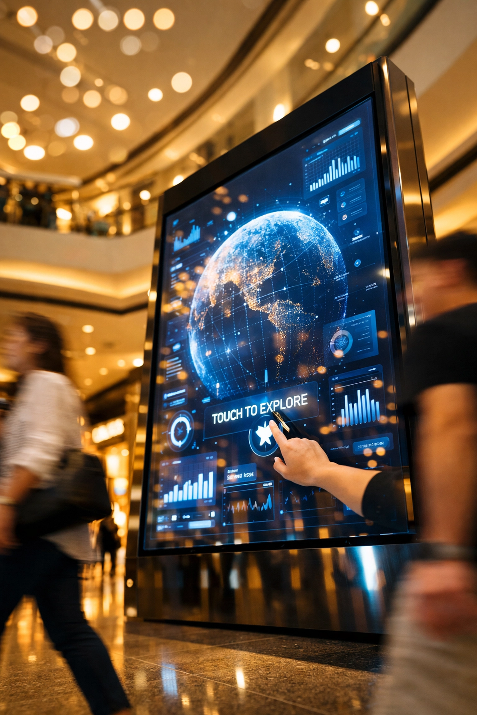 Interactive digital display in luxury Hong Kong shopping mall with shoppers passing by retail storefronts