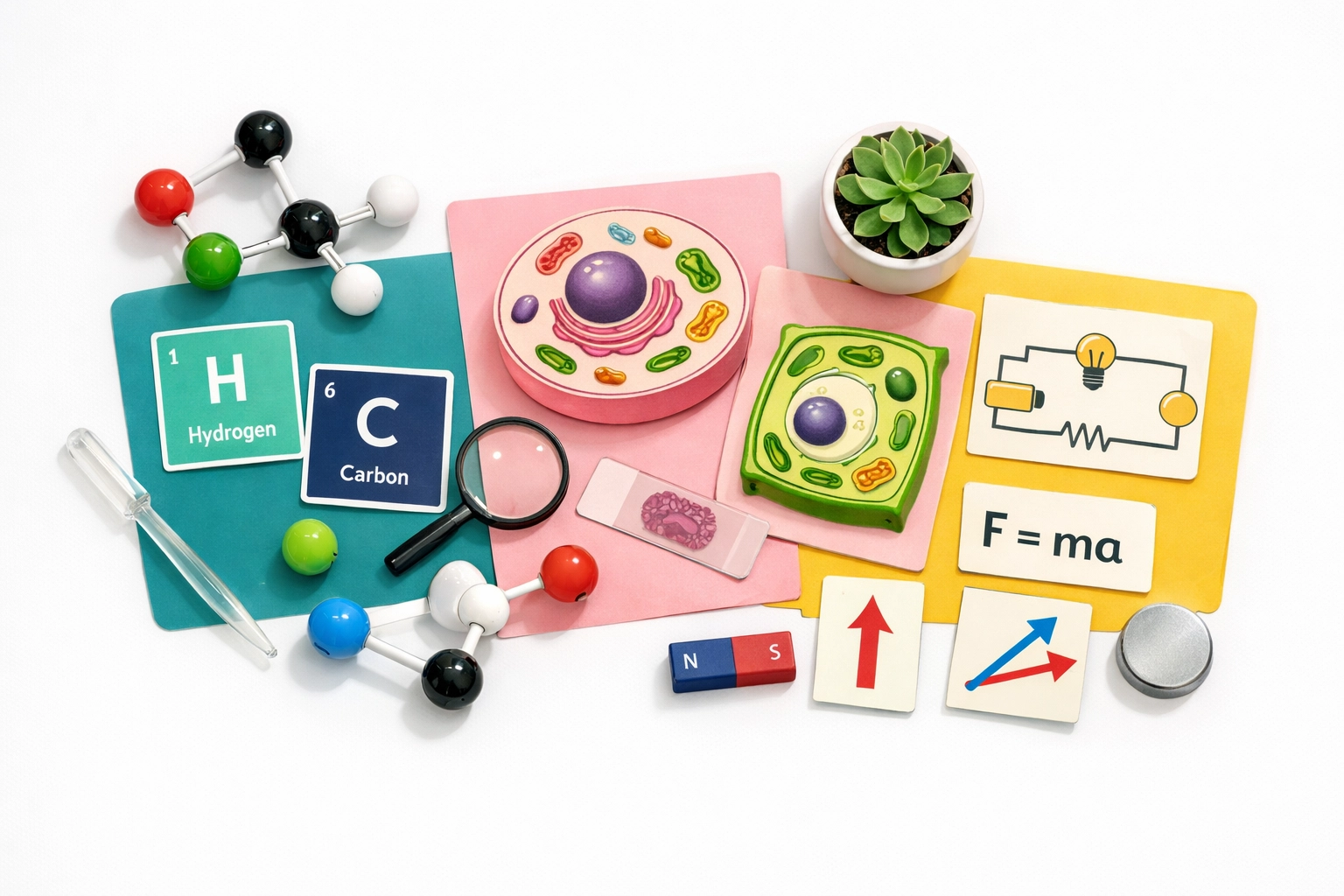 Chemistry, Biology, and Physics revision materials including molecular models, diagrams, and circuit cards