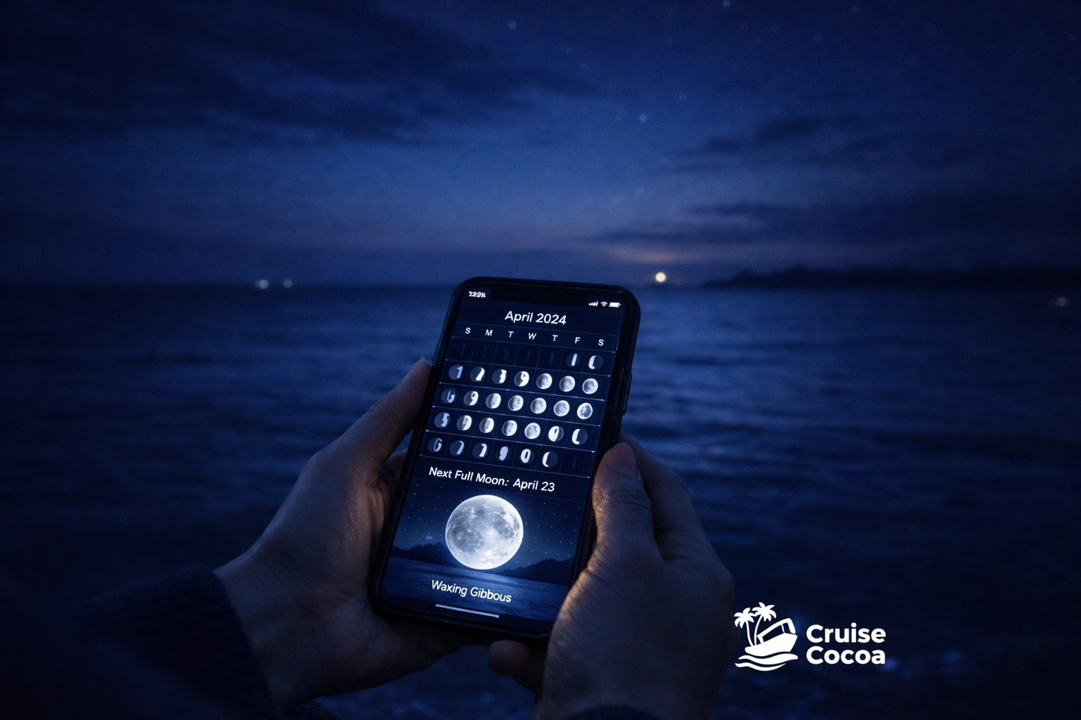 Checking moon phase calendar on smartphone for optimal bioluminescence tour timing