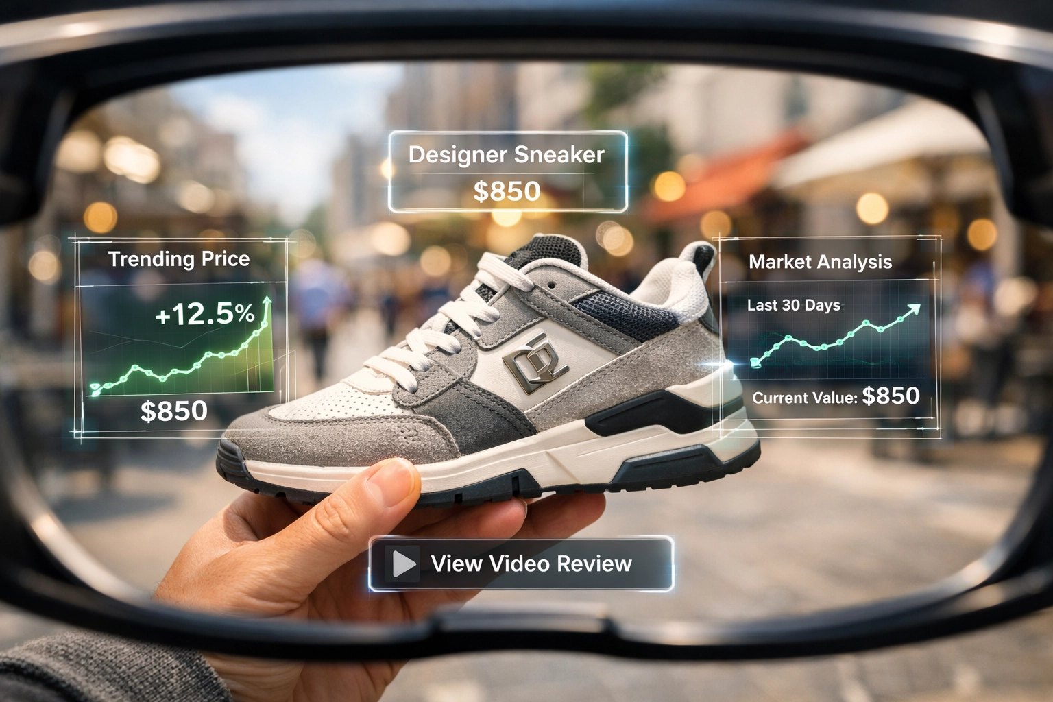 A view through AR glasses showing visual search results and digital product tags for multimodal SEO.