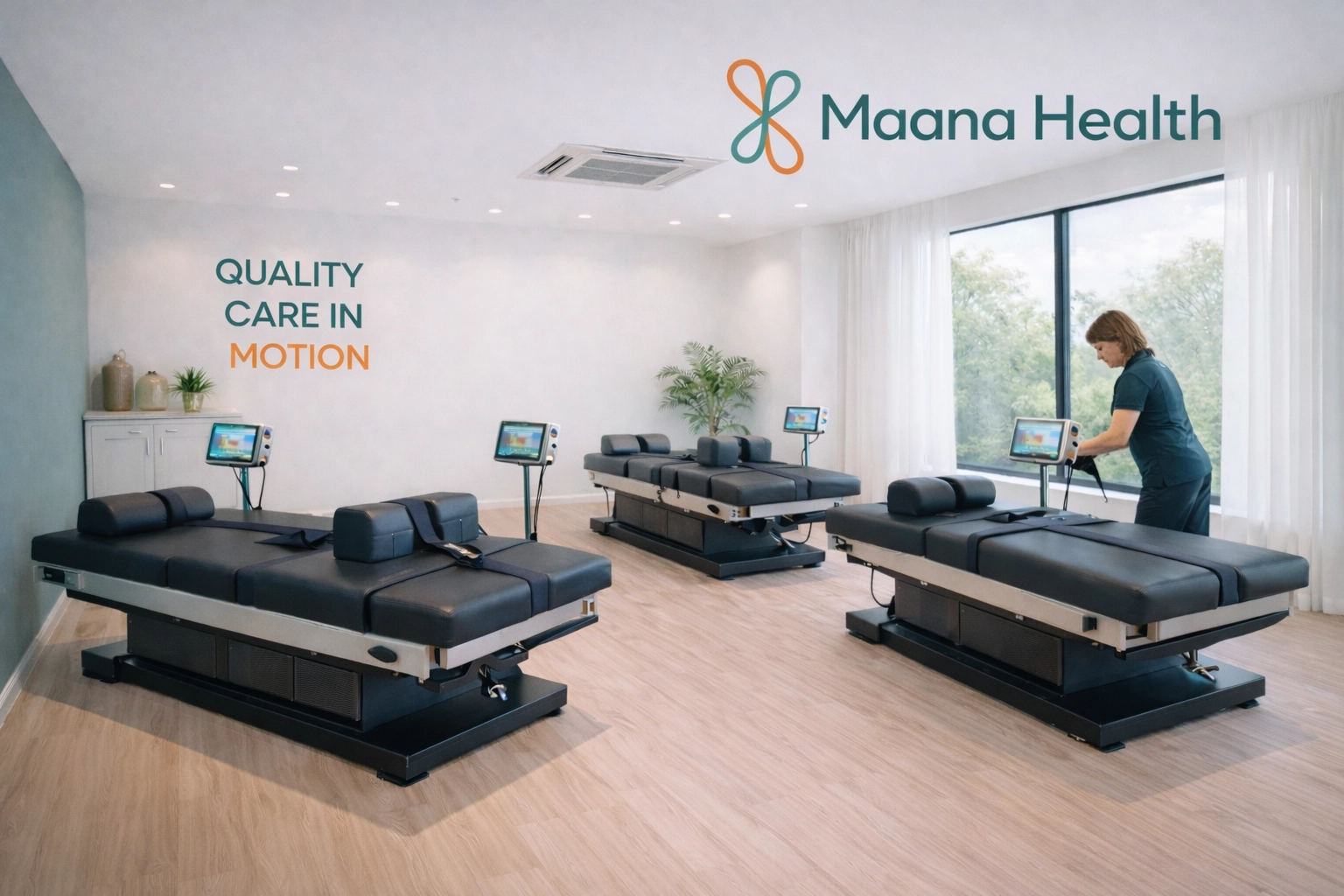 Modern rehabilitation suite at Maana Health featuring advanced spinal decompression beds for non-surgical care.
