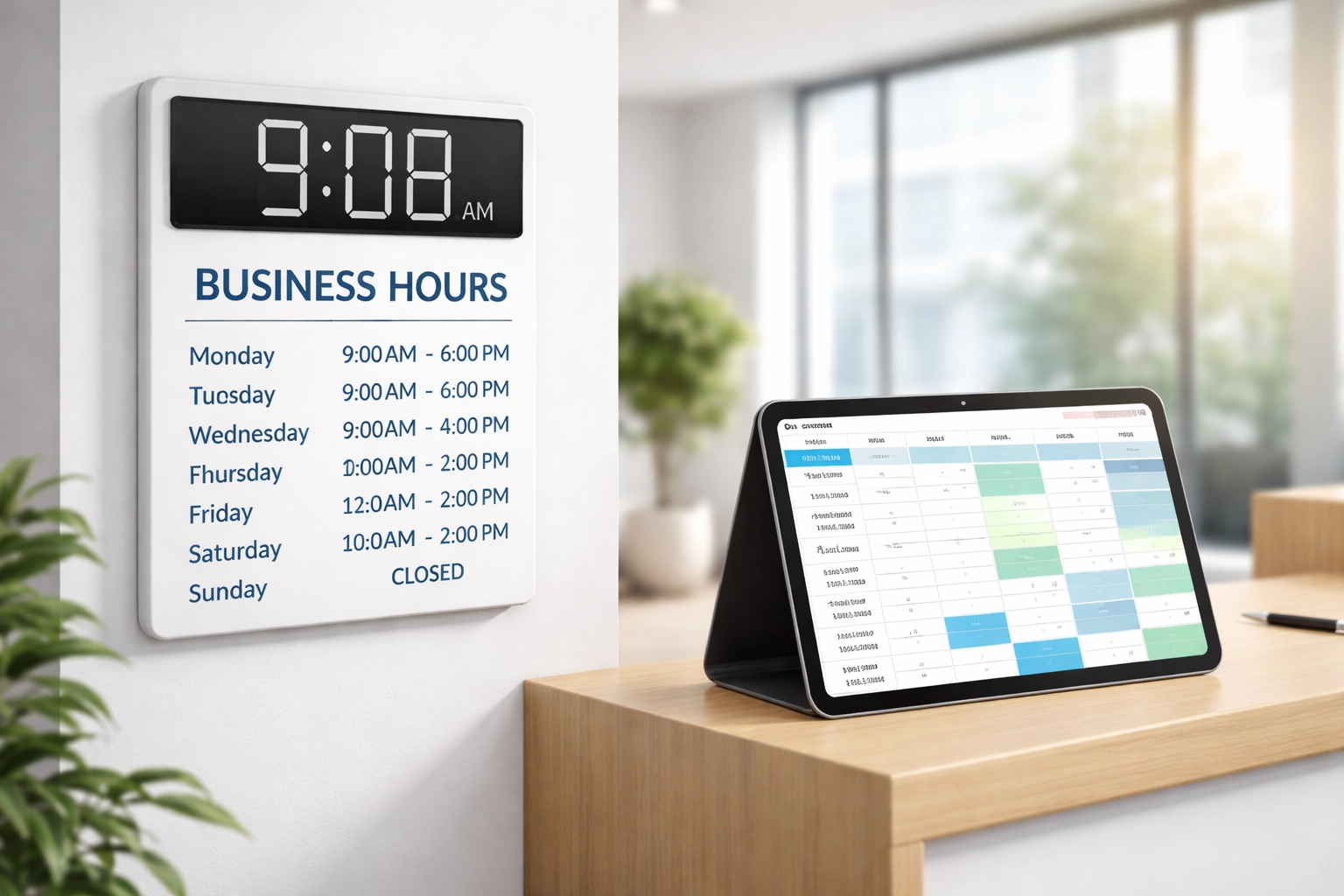 Digital clock and tablet with ServiceNow time-slot grid, emphasizing appointment duration and business hour precision.