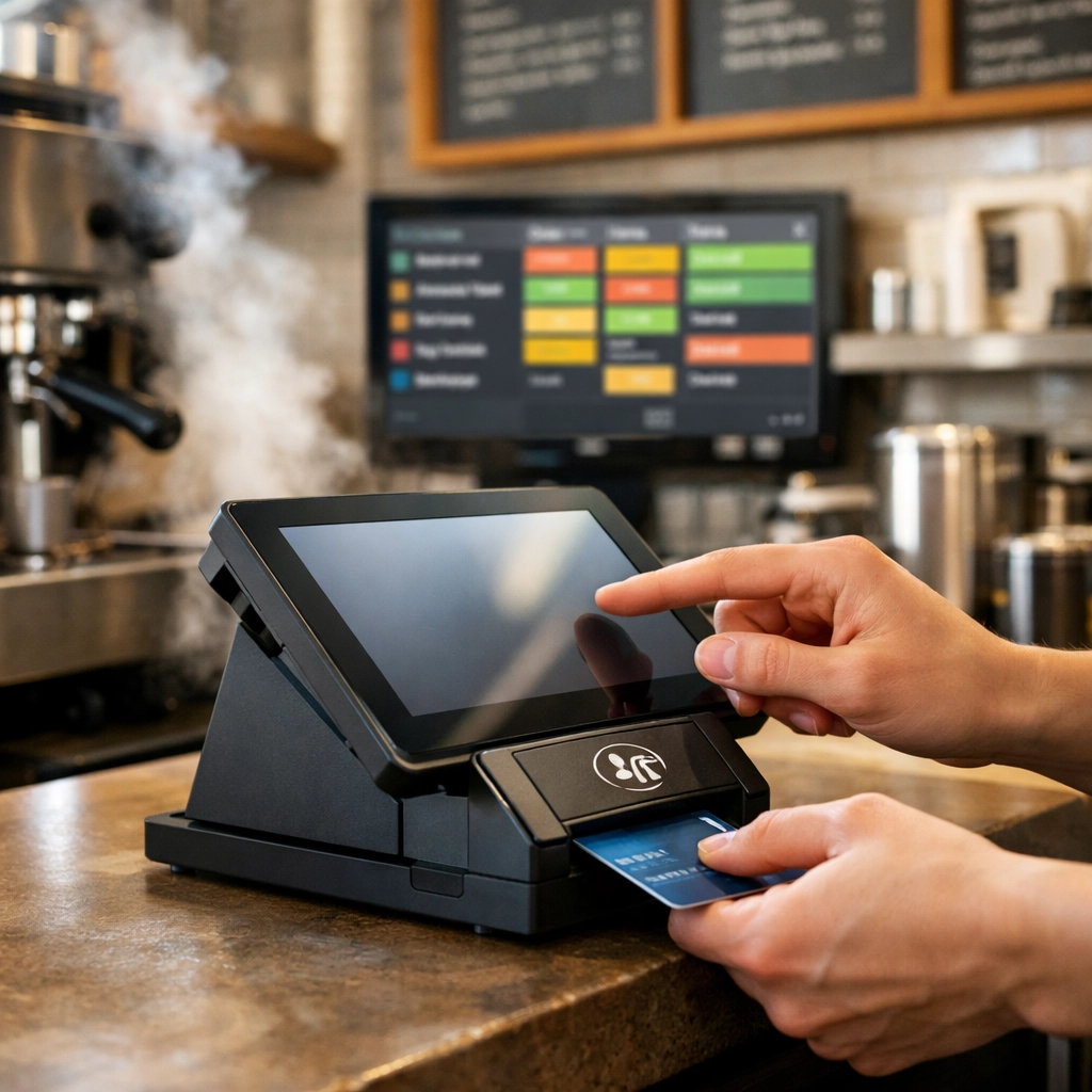 Modern restaurant POS terminal at café counter with kitchen display screen in background