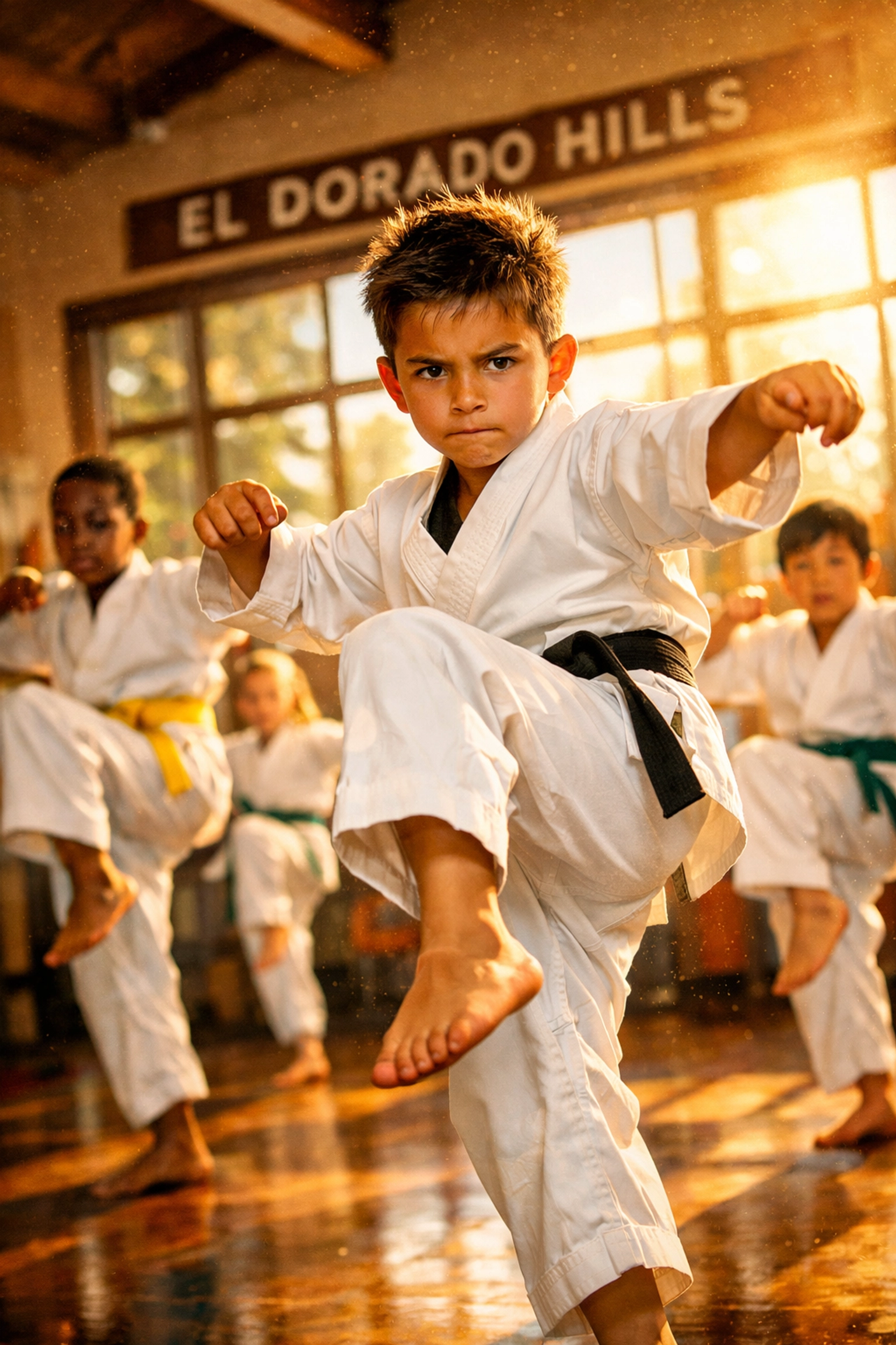 Focused kids in martial arts uniforms practicing balance drills in El Dorado Hills to improve classroom concentration.