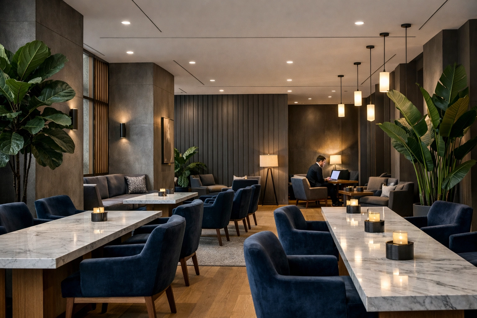 Modern hotel lounge and co-working space designed for digital nomads and business travelers.