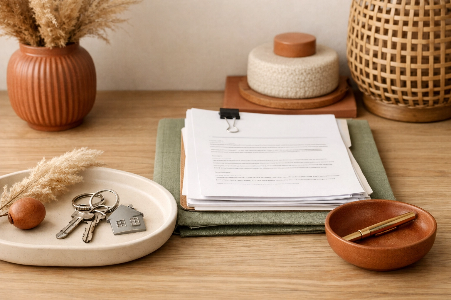 House keys, neatly stacked legal documents, and a cream ceramic tray arranged on a boho chic desk with terracotta and sage accents.