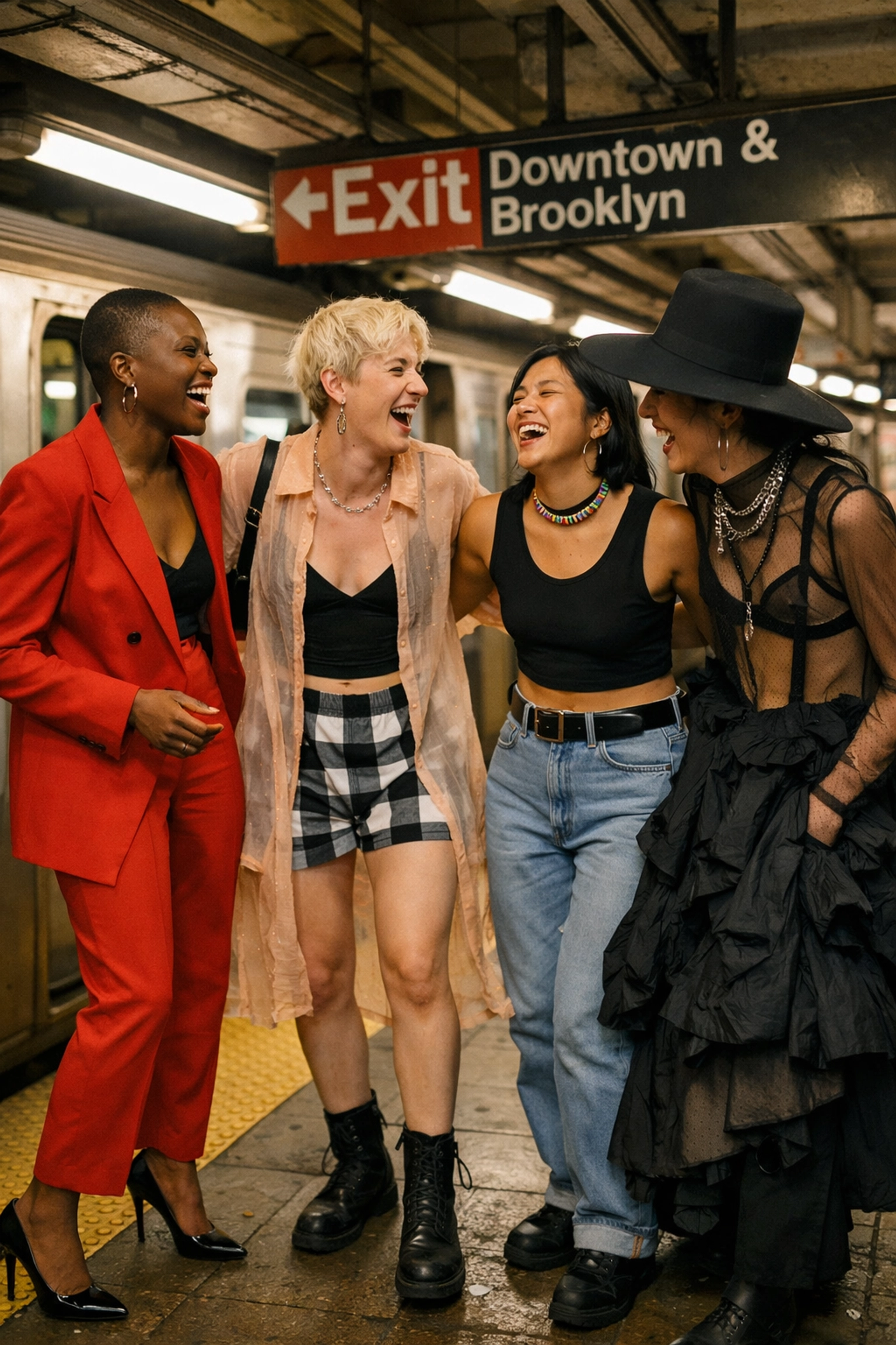 Diverse LGBTQ+ friends in gender-fluid street fashion celebrating queer community and pride