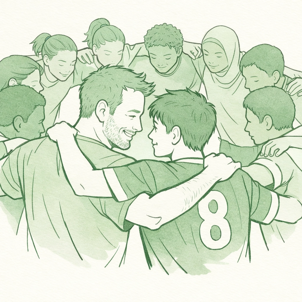 Inclusive soccer team huddle featuring gay father and son building unity and trust