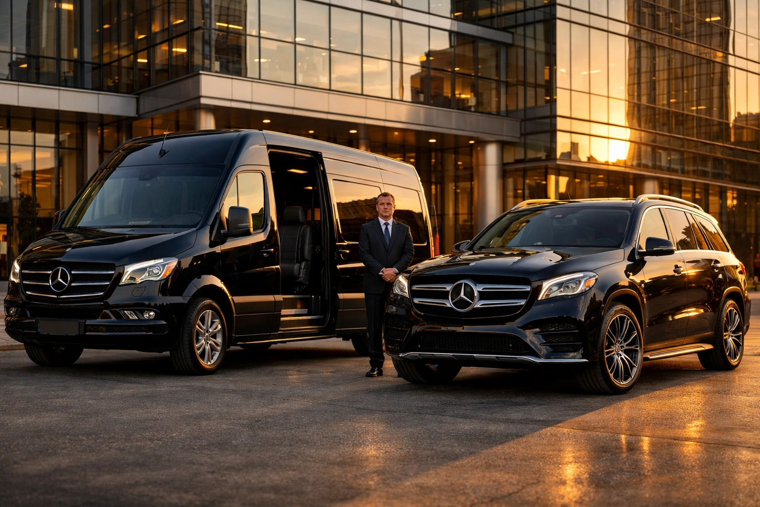 Professional chauffeur with luxury Mercedes Sprinter van and executive SUV for VIP corporate travel