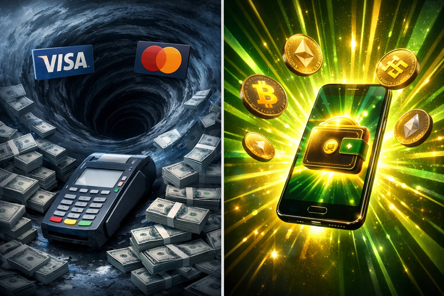Traditional credit card fees versus crypto payment wallet showing merchant cost savings