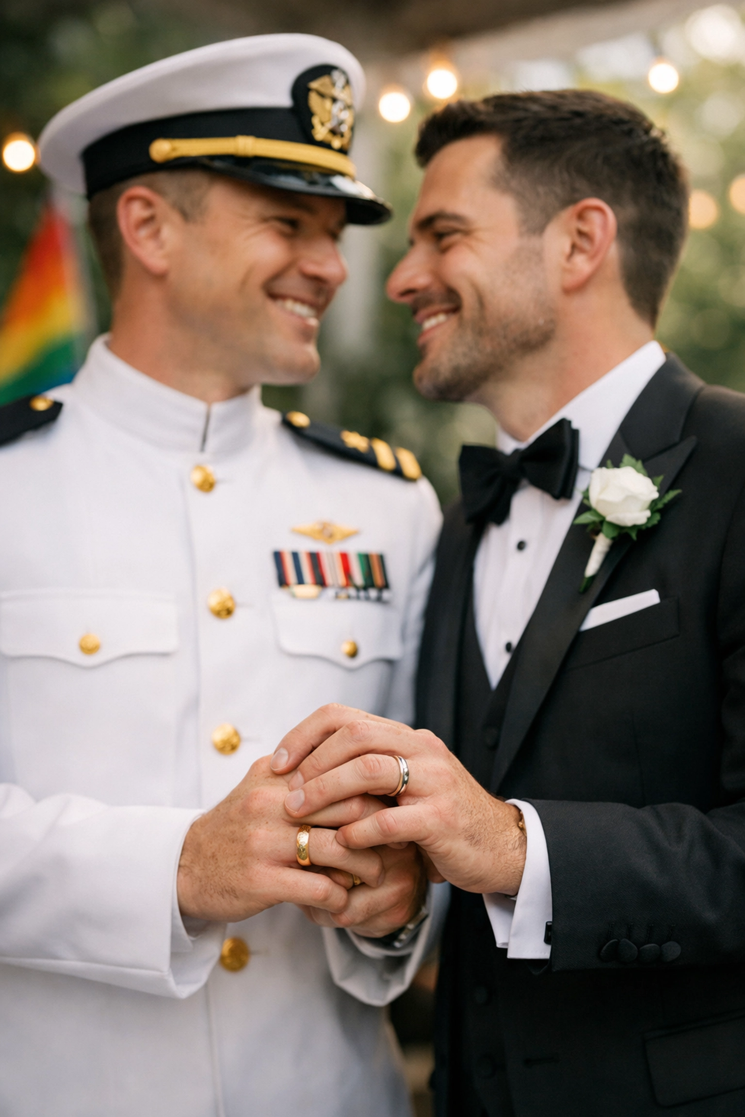 Gay couple at military wedding, Navy officer in dress whites holding hands with groom