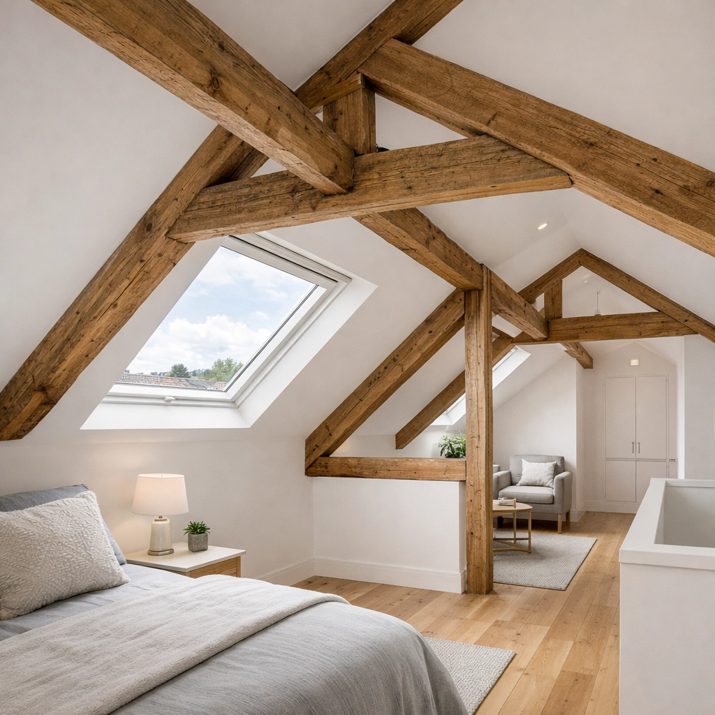 Completed London loft conversion with exposed beams and coordinated structural design