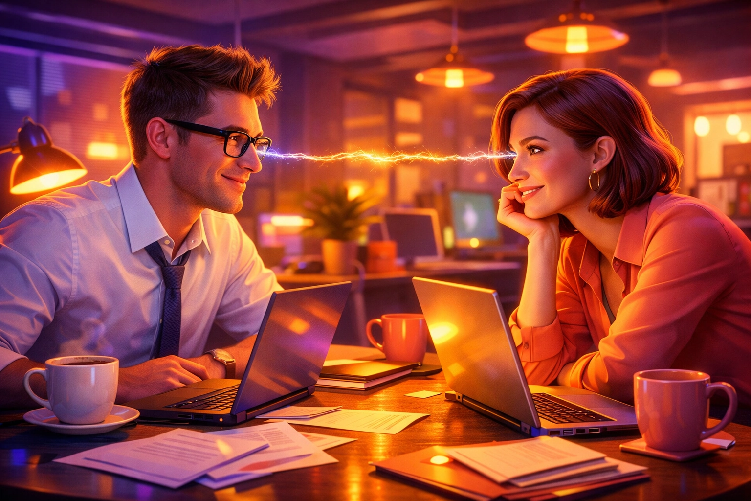 Two coworkers sharing a moment of connection at their office desks during work