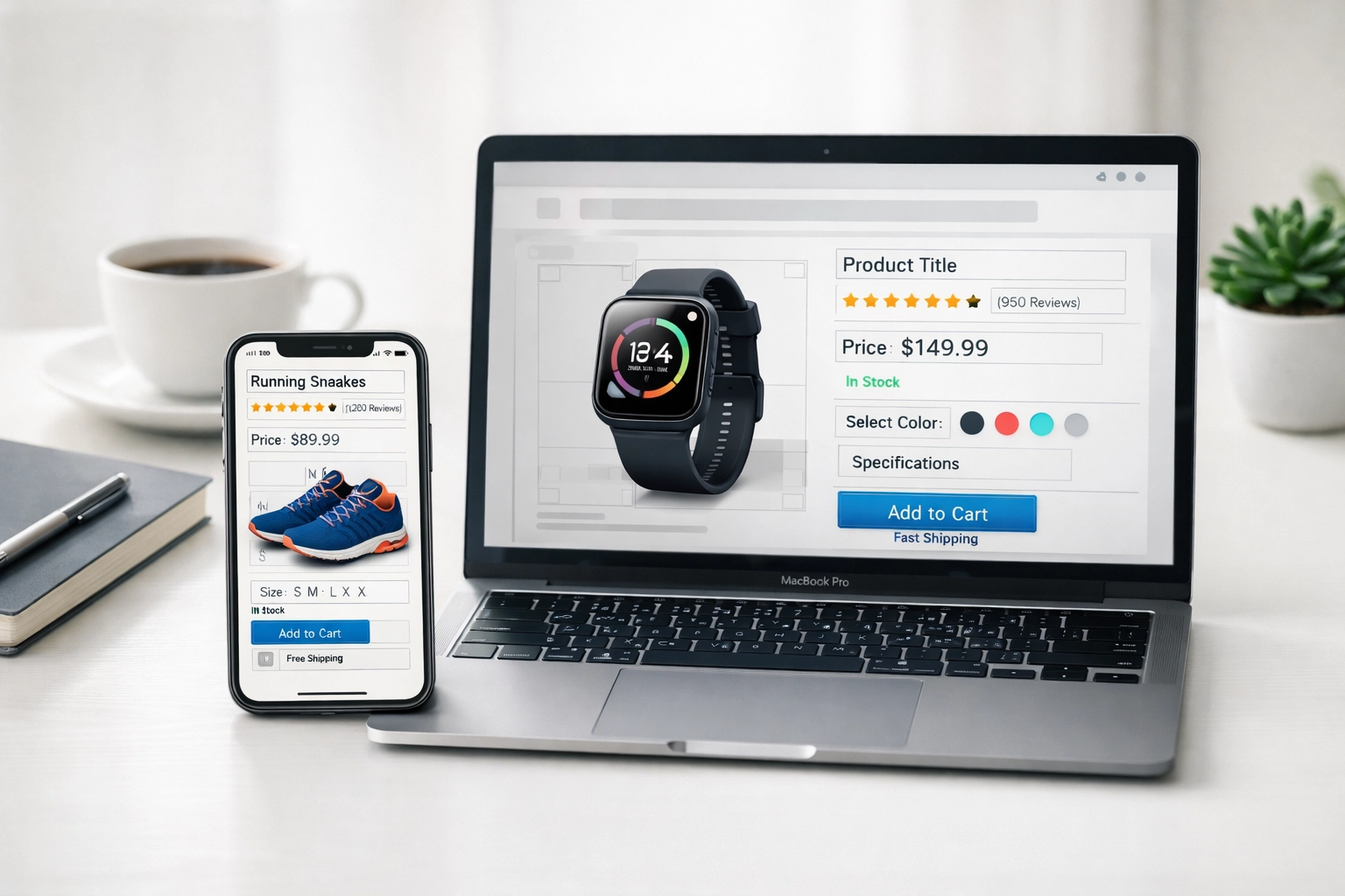 Mobile and desktop devices displaying ecommerce product pages with SEO structured data implementation