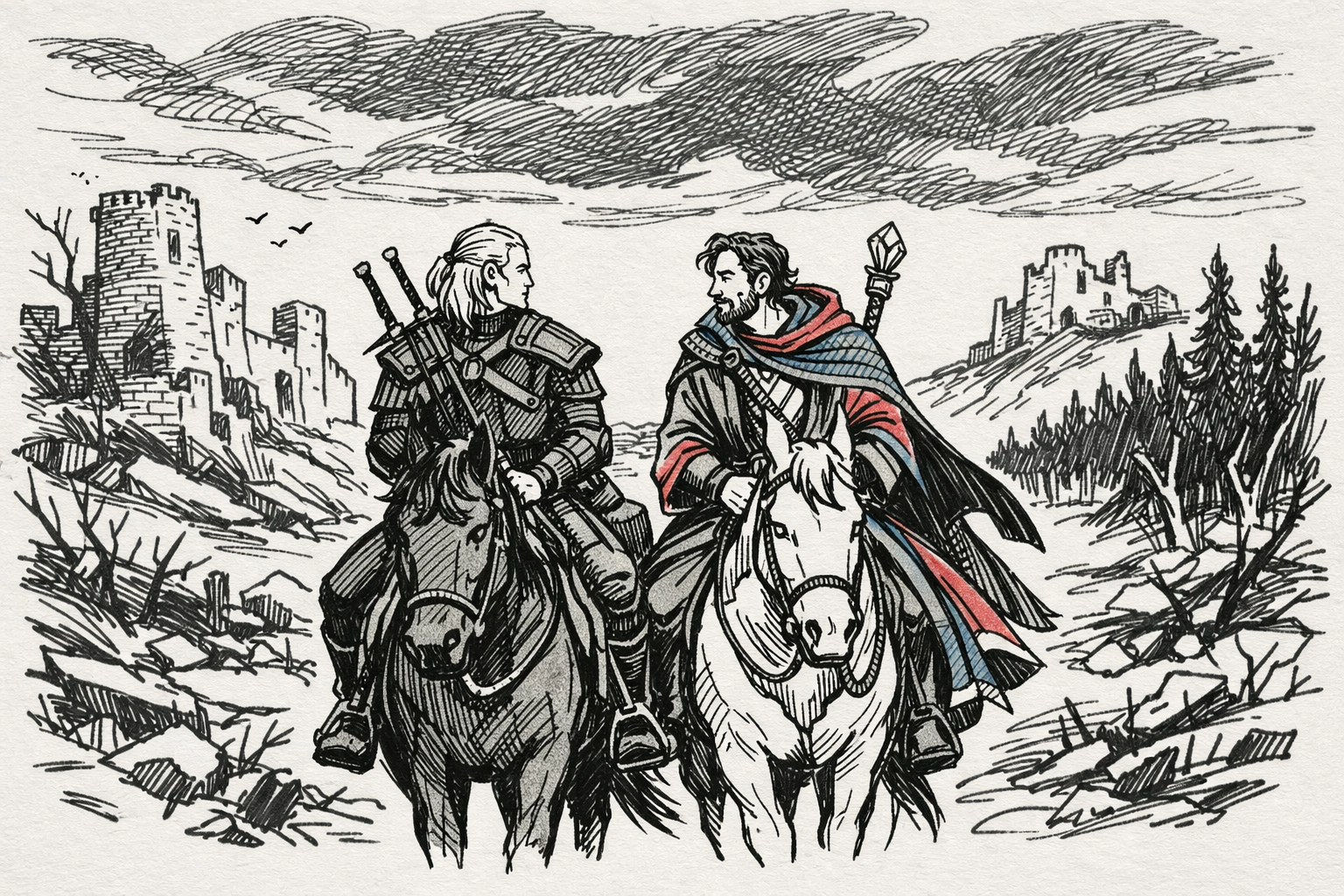 Witcher and mage traveling together on quest - MM fantasy adventure romance partnership