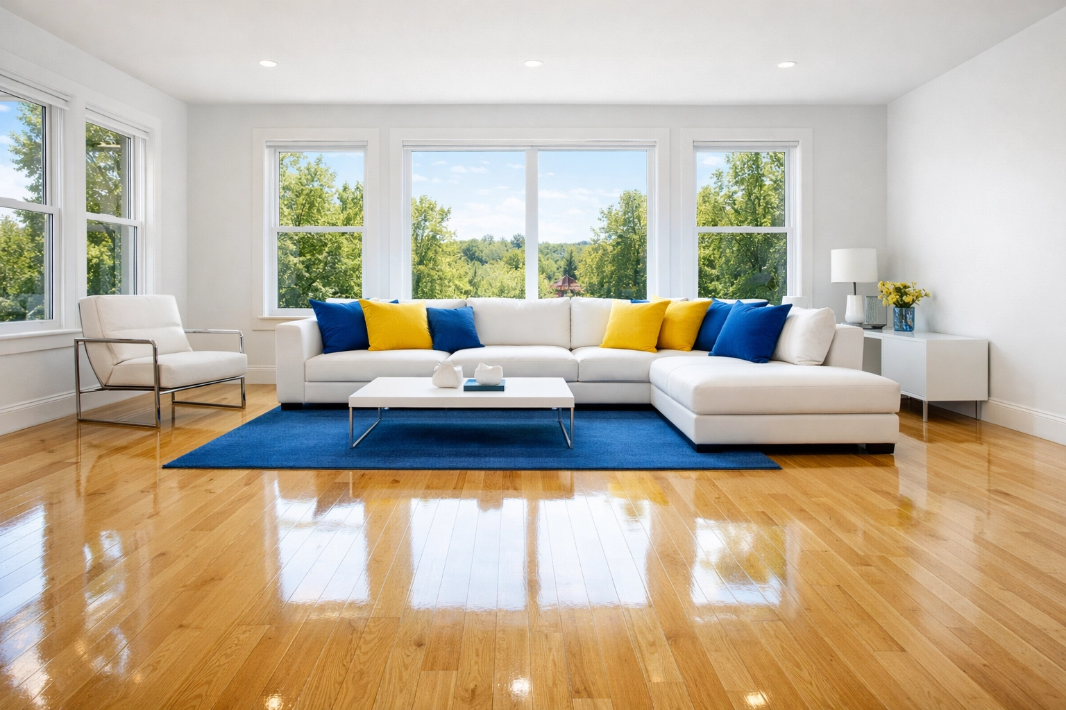 Spotless Harvard apartment living room with shining hardwood floors after professional cleaning service.