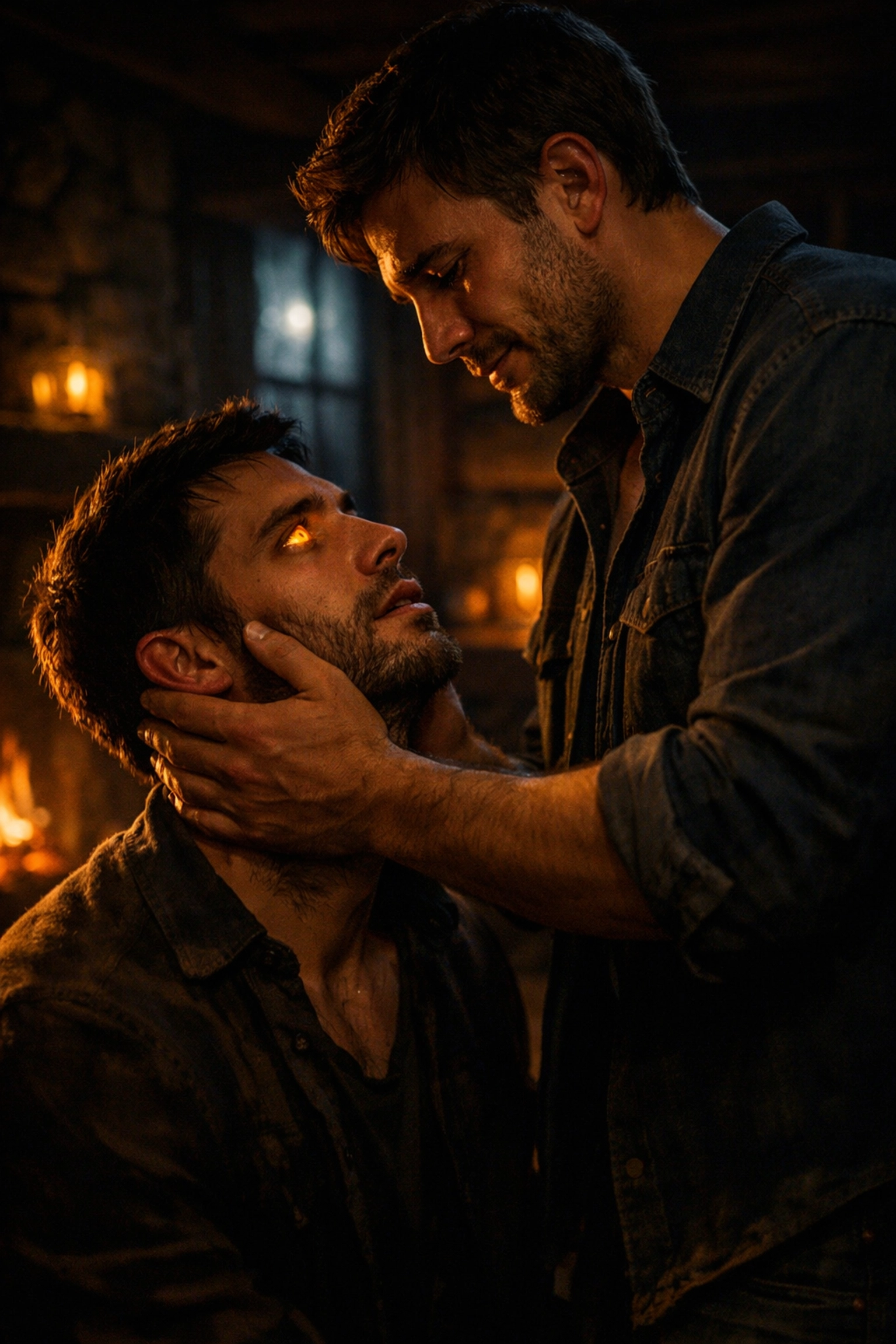 A gay couple in a rustic cabin sharing a moment of emotional acceptance as one man begins to shift.
