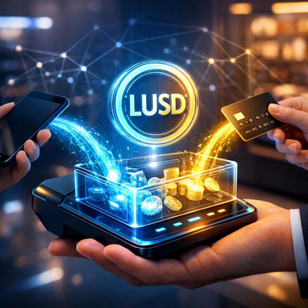 LUSD stablecoin payment terminal showing merchant receiving Web3 global payment with blockchain network