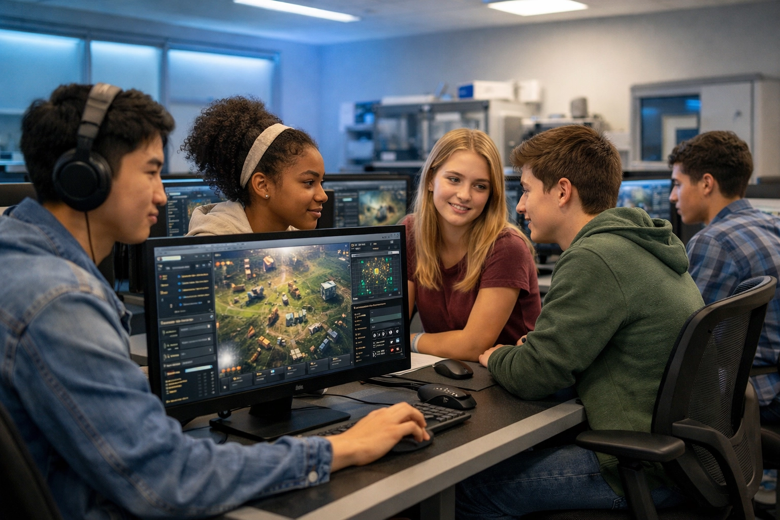 High school students learning in modern esports pods for education through simulation.