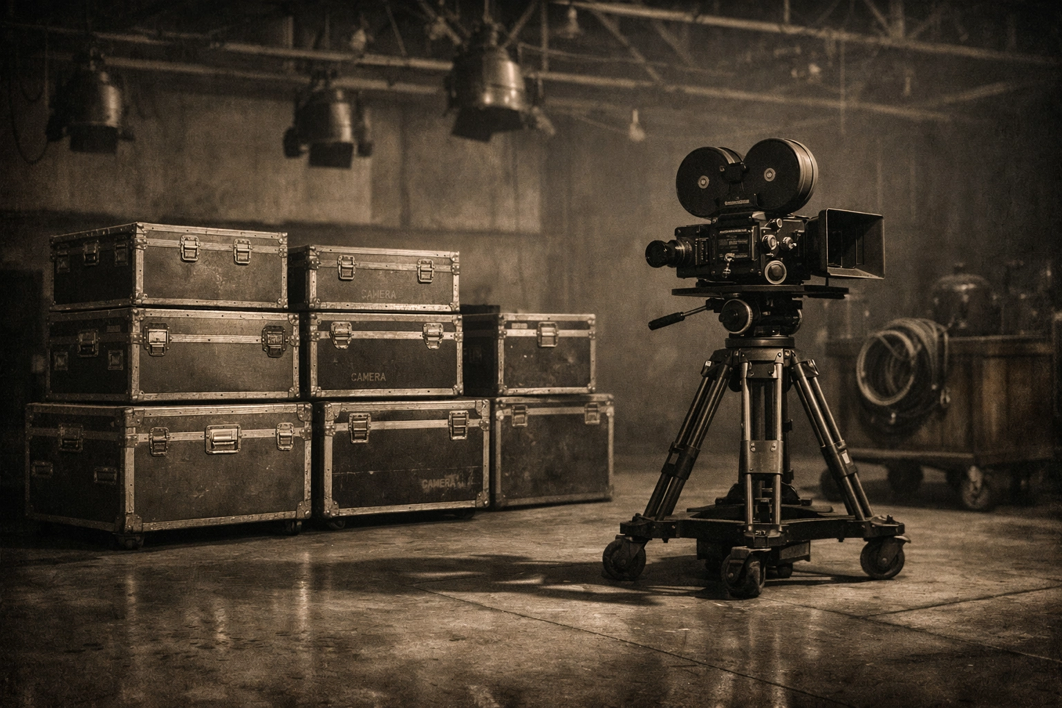 Professional cinema equipment on an organized soundstage, illustrating standardized film production infrastructure.