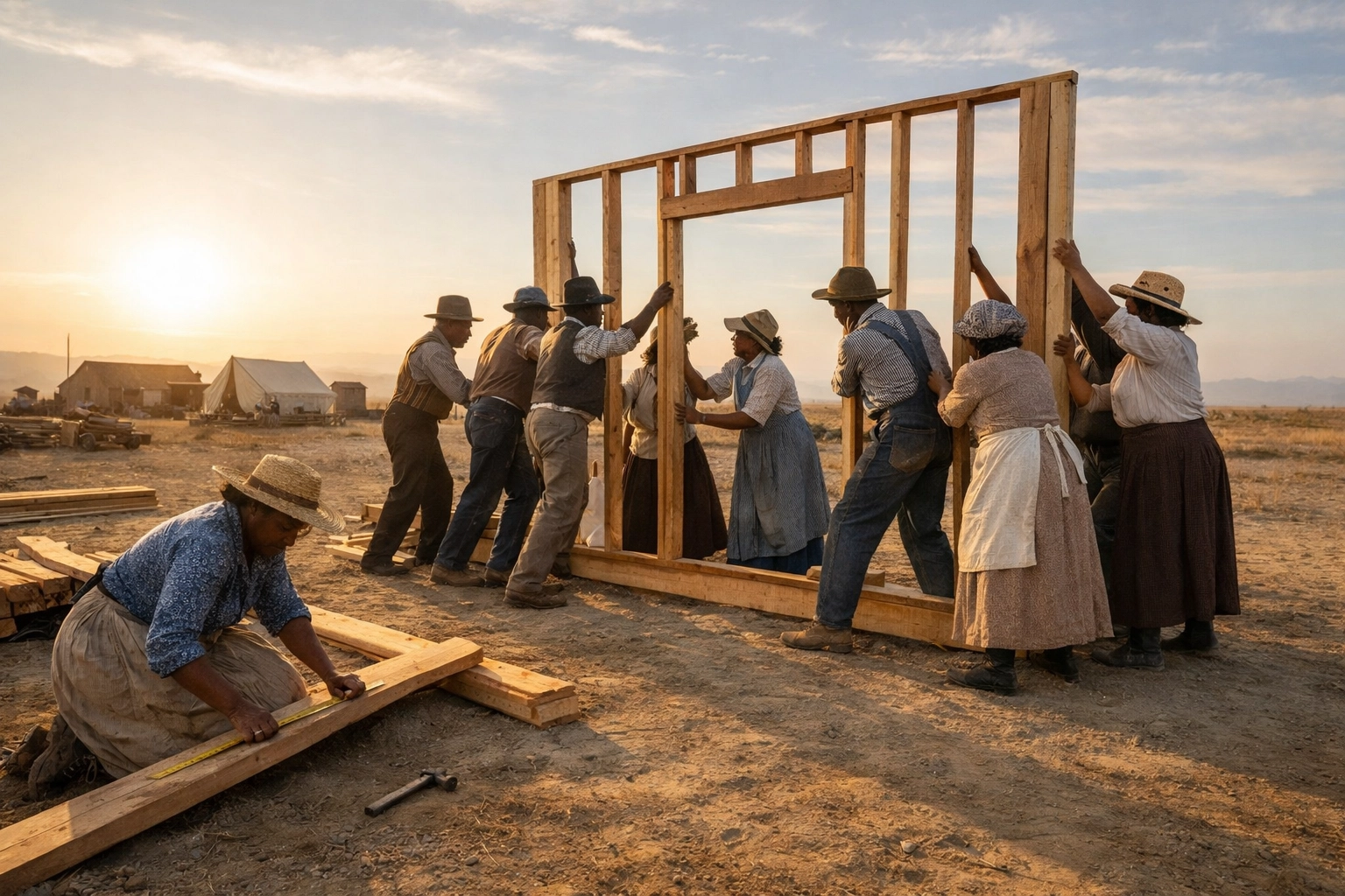 African American pioneers constructing wooden buildings in the early 1900s settlement of Allensworth, CA.