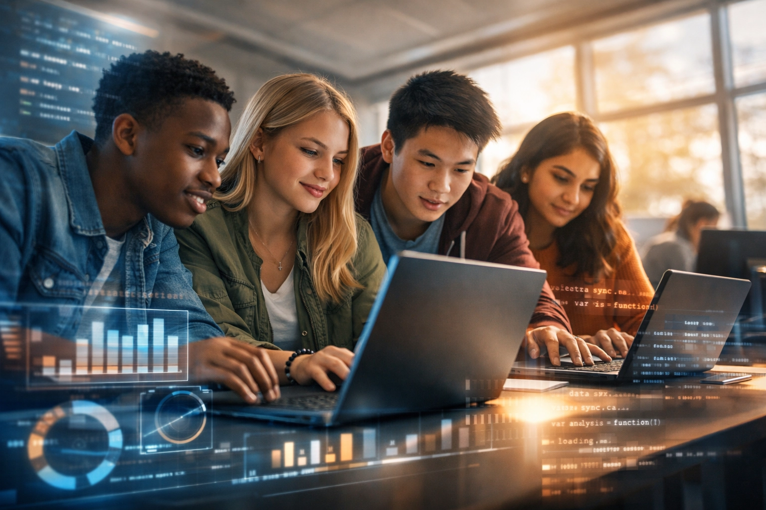 High school students learning cloud computing and data analytics in modern computer lab