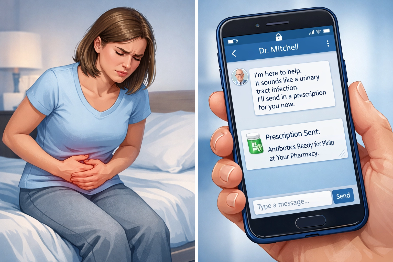 Woman experiencing UTI pain receiving online treatment through secure text messaging with doctor
