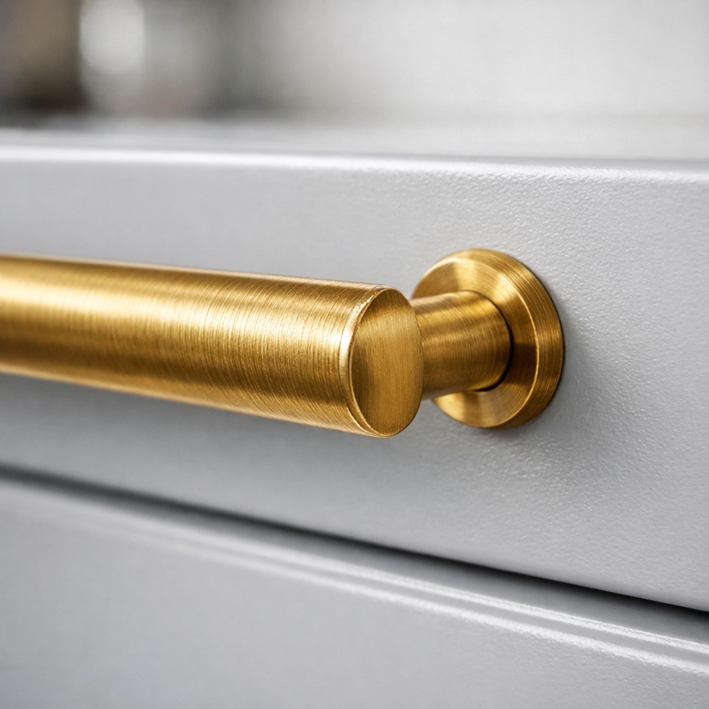 Close-up of elegant brass handles on a pebble grey spray-painted cabinet drawer for a modern look.