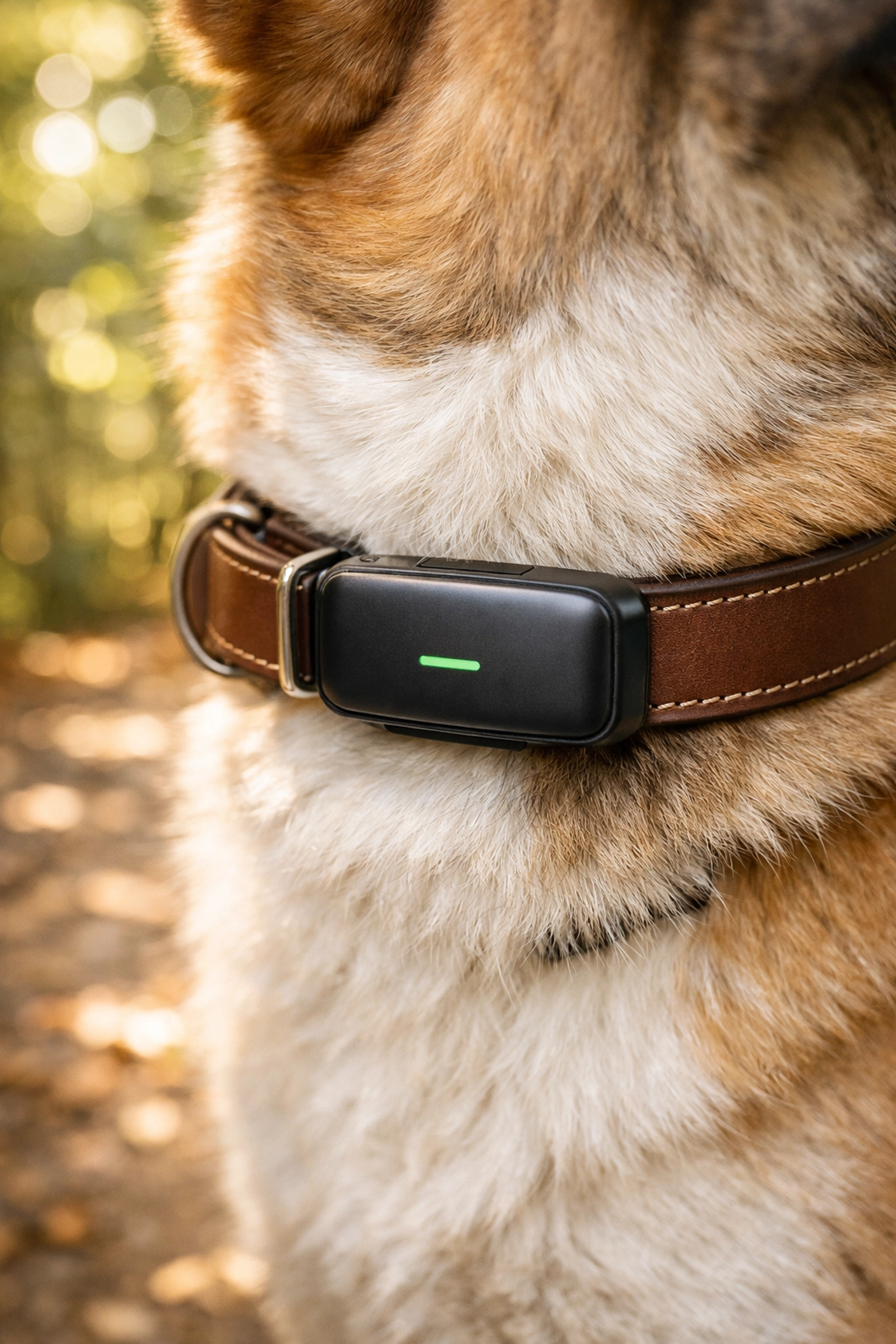Dog collar with a GPS tracker for pet safety and identification while traveling outdoors.