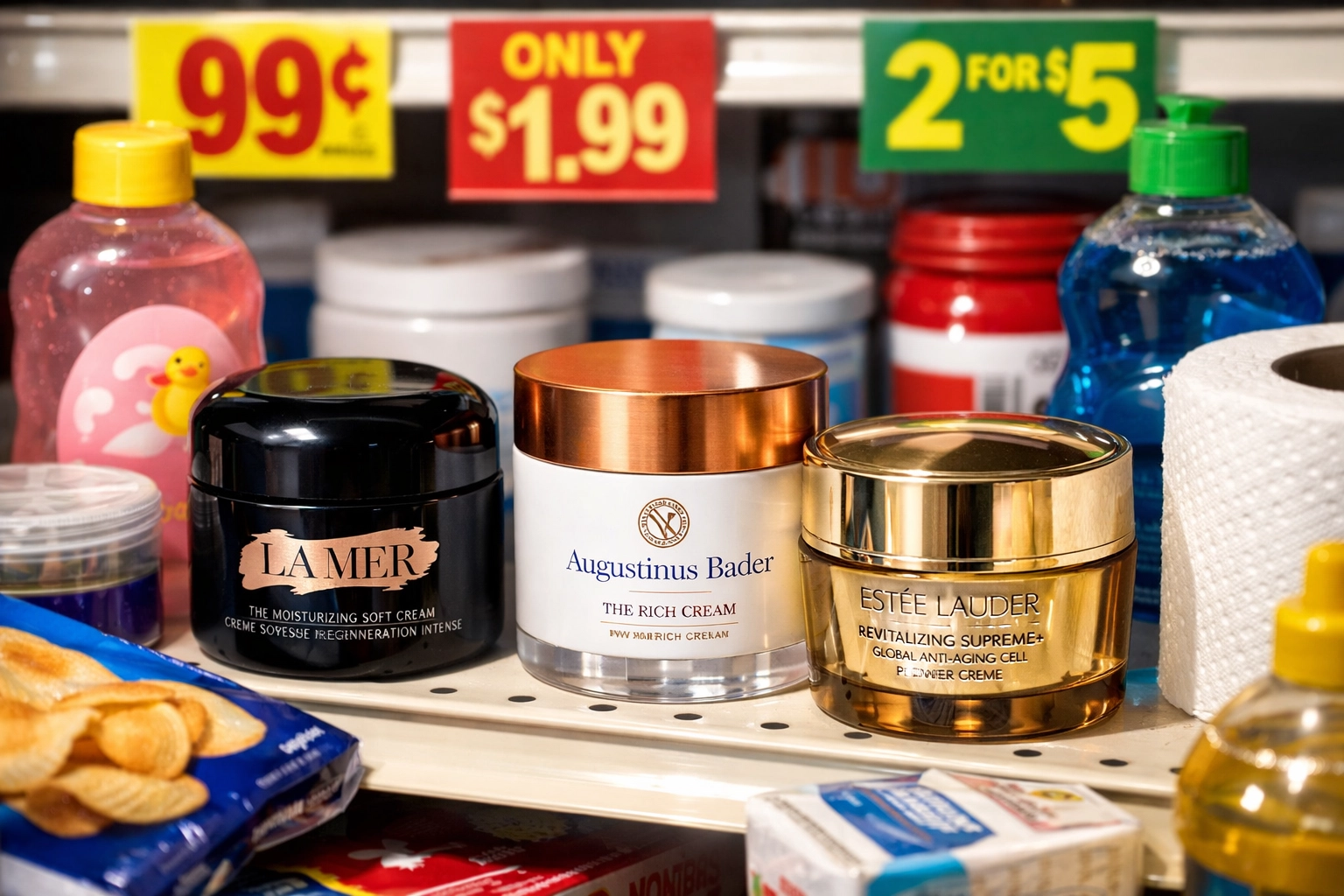 Dr. Lipp premium balms on discount store shelves alongside budget household items