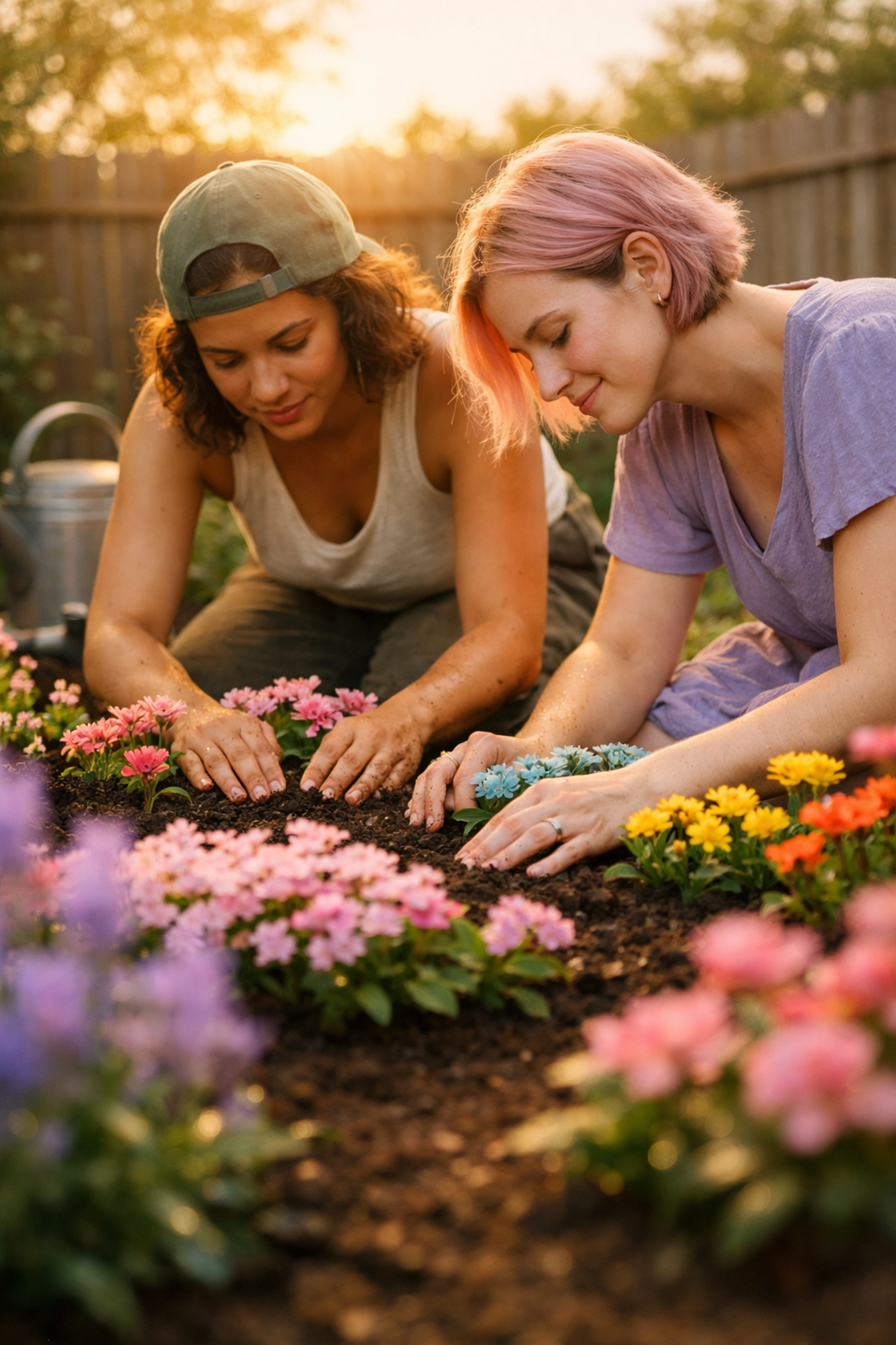 Two queer women planting a memorial garden with rainbow flowers as a healing ritual for loss.