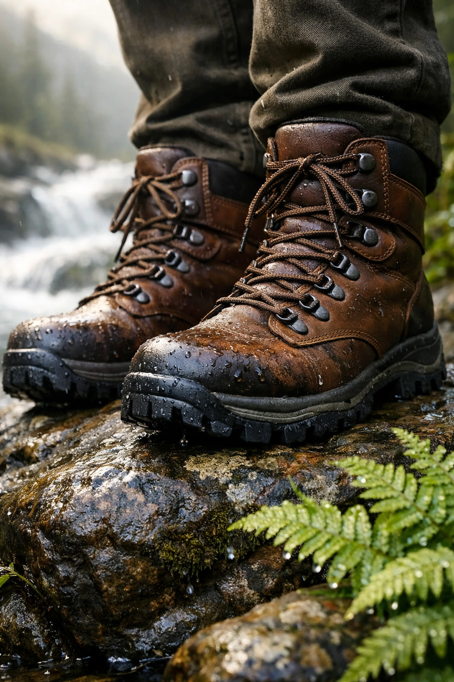 Durable leather hiking boots on a wet rock, perfect for guided hiking tours in the UK.