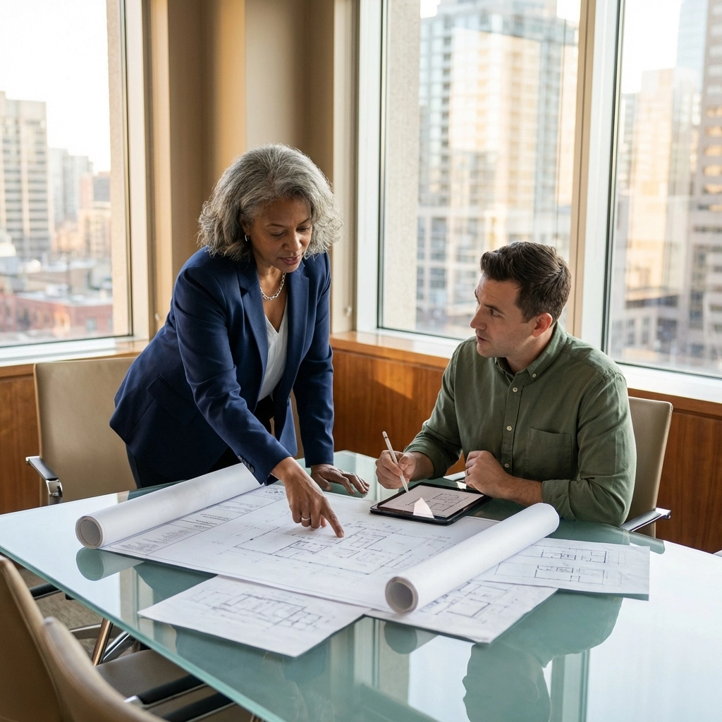 Two people discussing architectural plans at a glass table in an office with large windows. The mood is focused and professional.