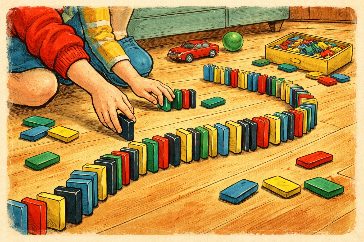 Children's hands carefully place dominoes in a straight line on a wooden floor, illustrating how to start a domino chain reaction.