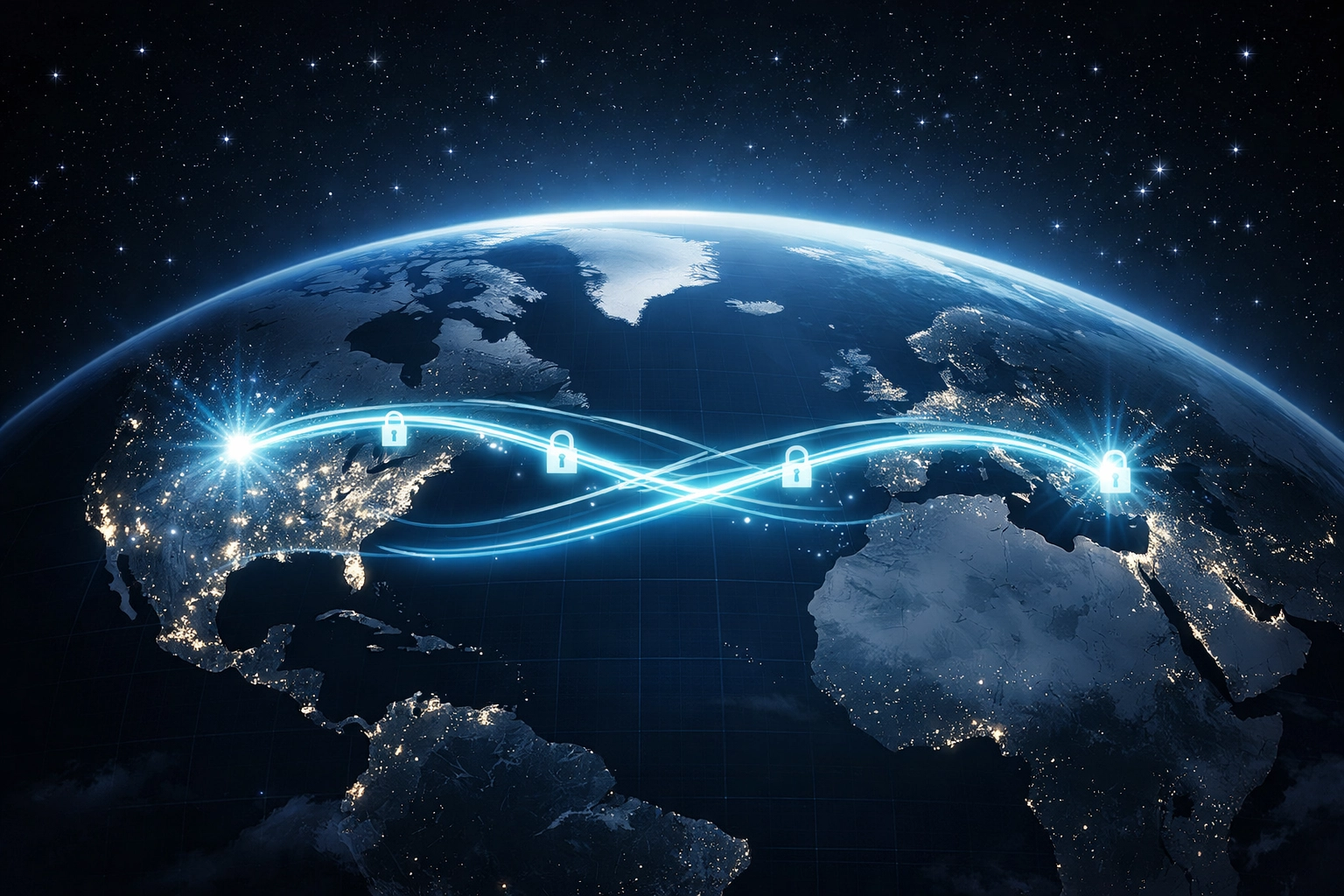 A digital globe showing international cooperation and security ties across the Pacific.