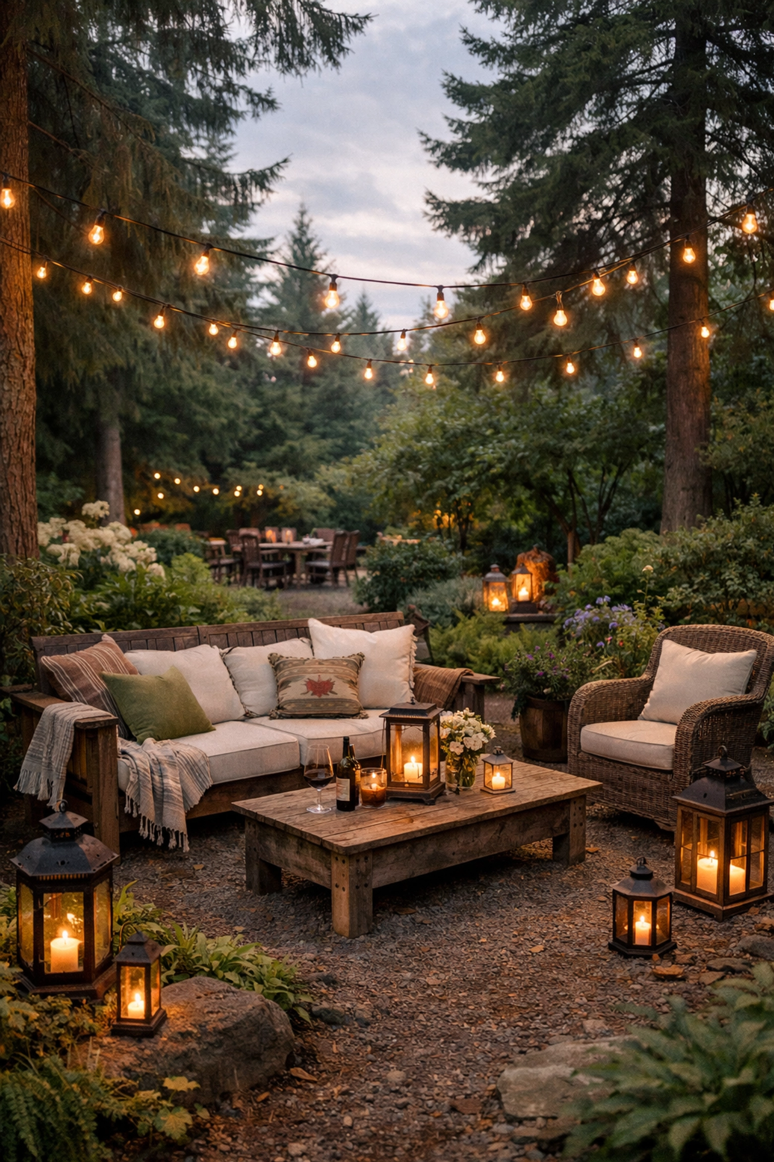 Outdoor entertaining space with string lights and cozy seating for garden party