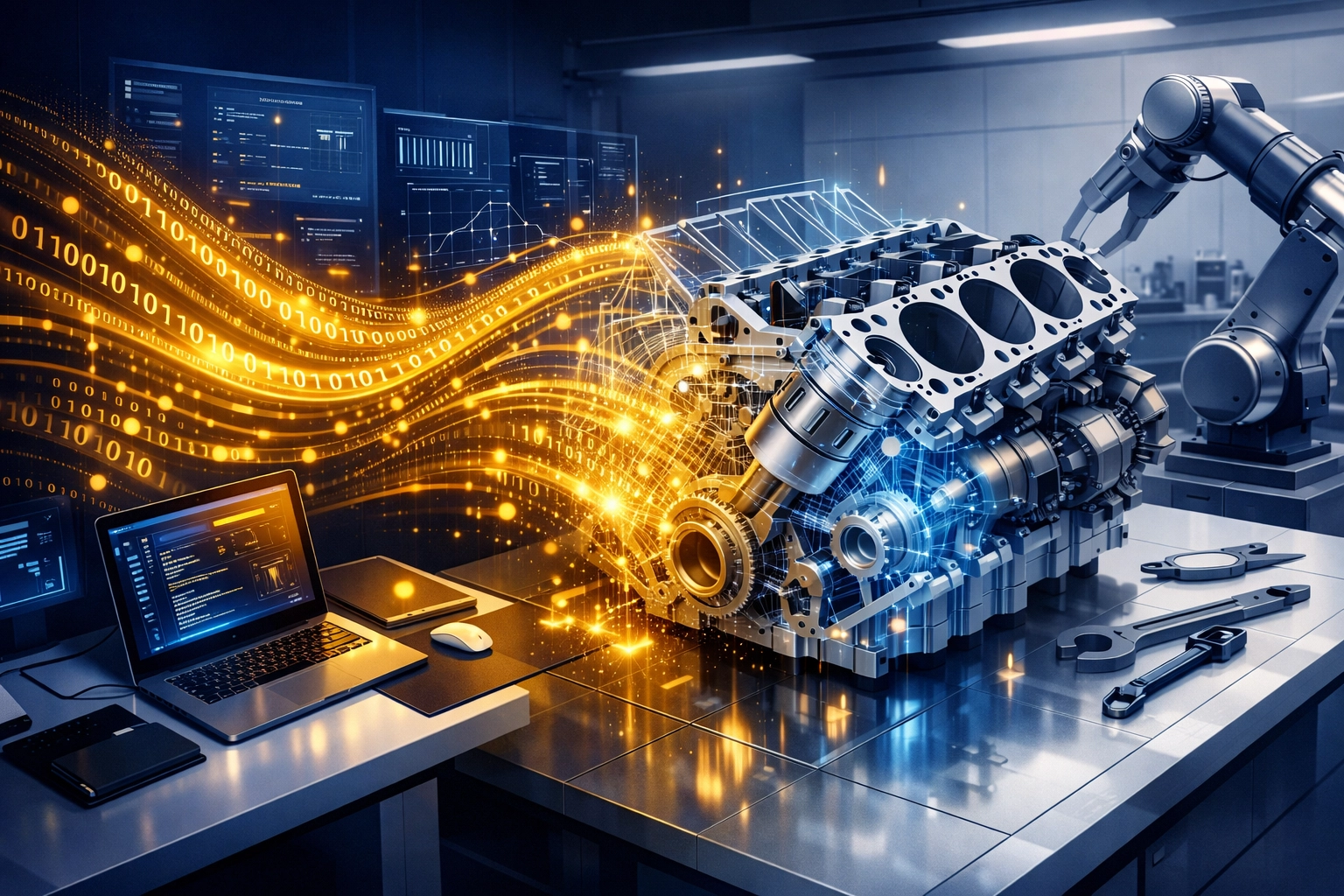 Digital illustration of software code transforming into a 3D mechanical assembly for Inventor automation.