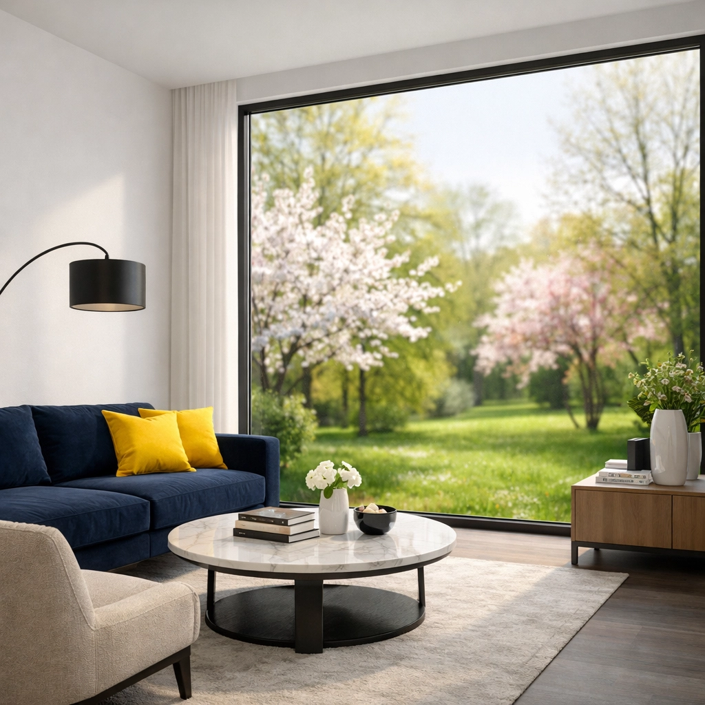 A bright, spotless living room with a spring view cleaned by professional cleaners MA.